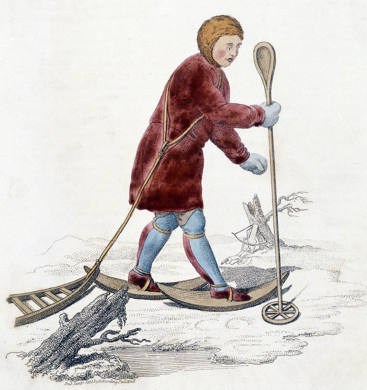 Man of the Ostiak tribe (Khanty or Khante) (Paleosiberian hunter tribe established in the forest area of the middle Ob valley) hunting for ermine. Illustration from 1803 by Unknown artist