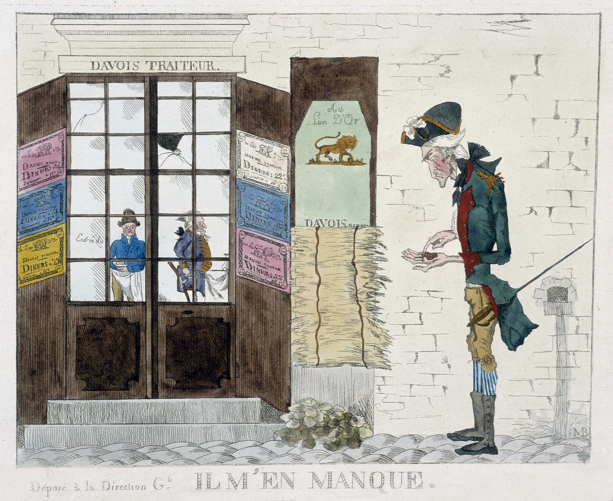 Man without penny in front of the catering shop - engraving by Unknown artist
