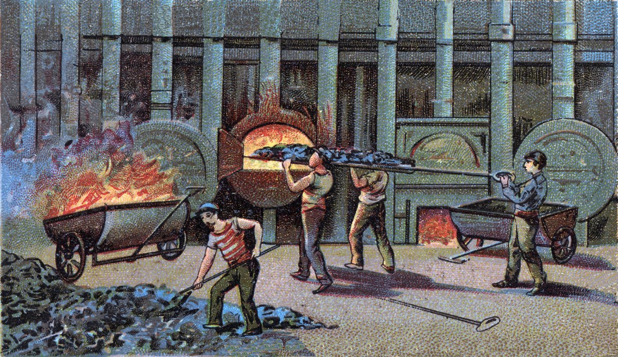 Manufacture of lighting gas, cornu delutor. Chromolithography of the end of the 19th century by Unknown artist
