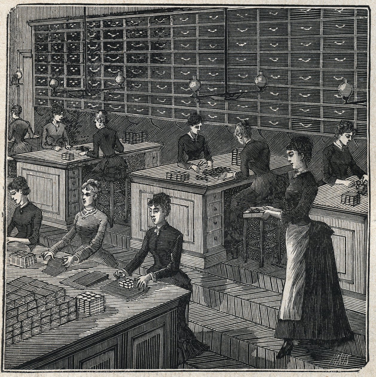 Manufacture of metal feathers: sorting and wrapping feathers in a factory in France in the 19th century. Engraving from 1885 in 