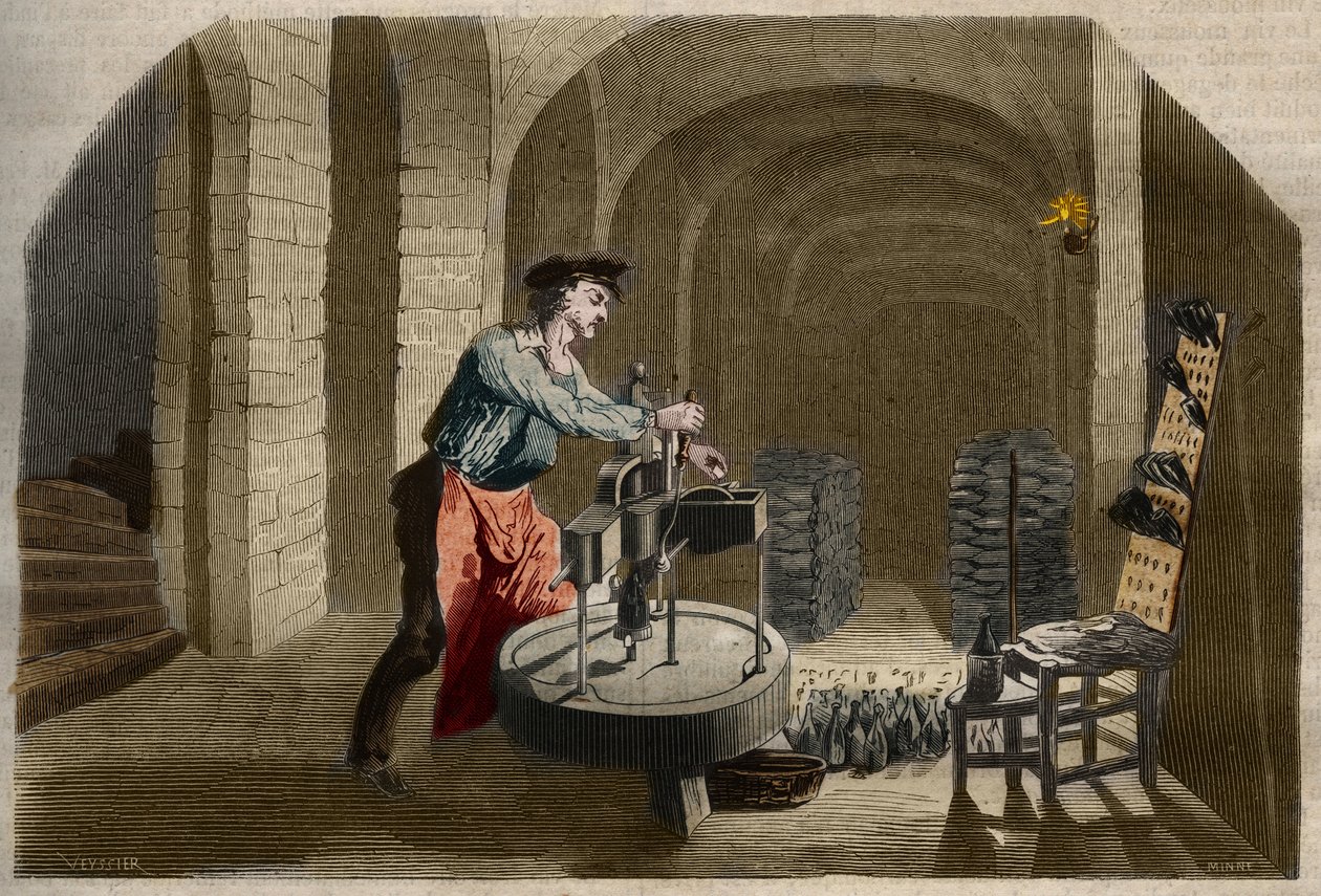 Manufacture of Sparkling Champagne Wine: Bottling Machine by Unknown artist