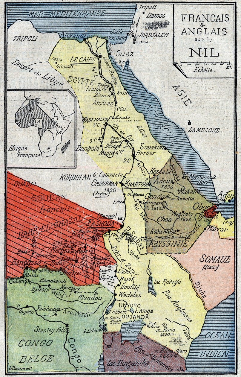 Map of African territories colonized by French and English along the Nile. Illustration in Le Pelerin of October 2 by Unknown artist