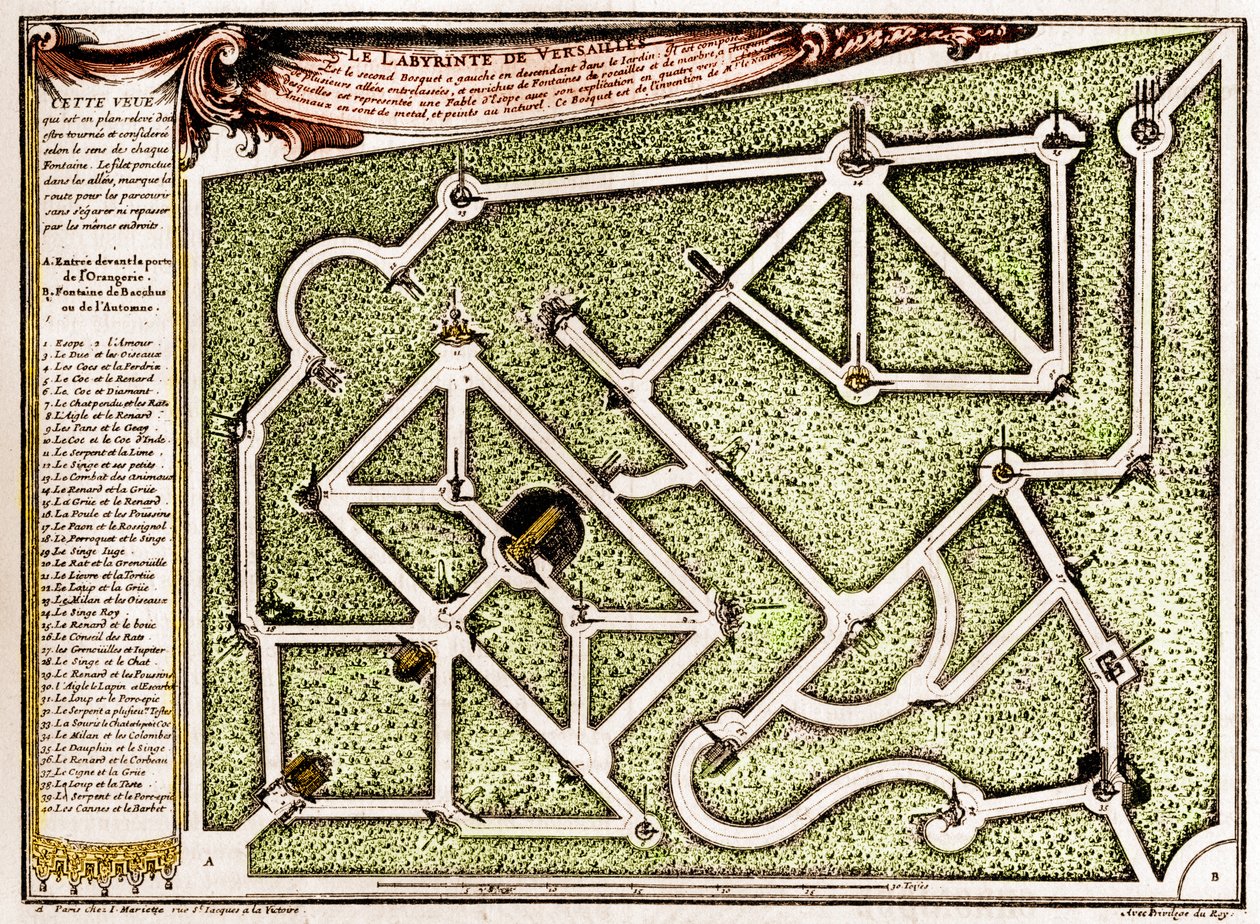 Map of the maze in the park of the castle of Versailles, created by Andre Le Notre (1613-1700). Engraving in La Nature. Revue des sciences et de ses applications aux arts et a l