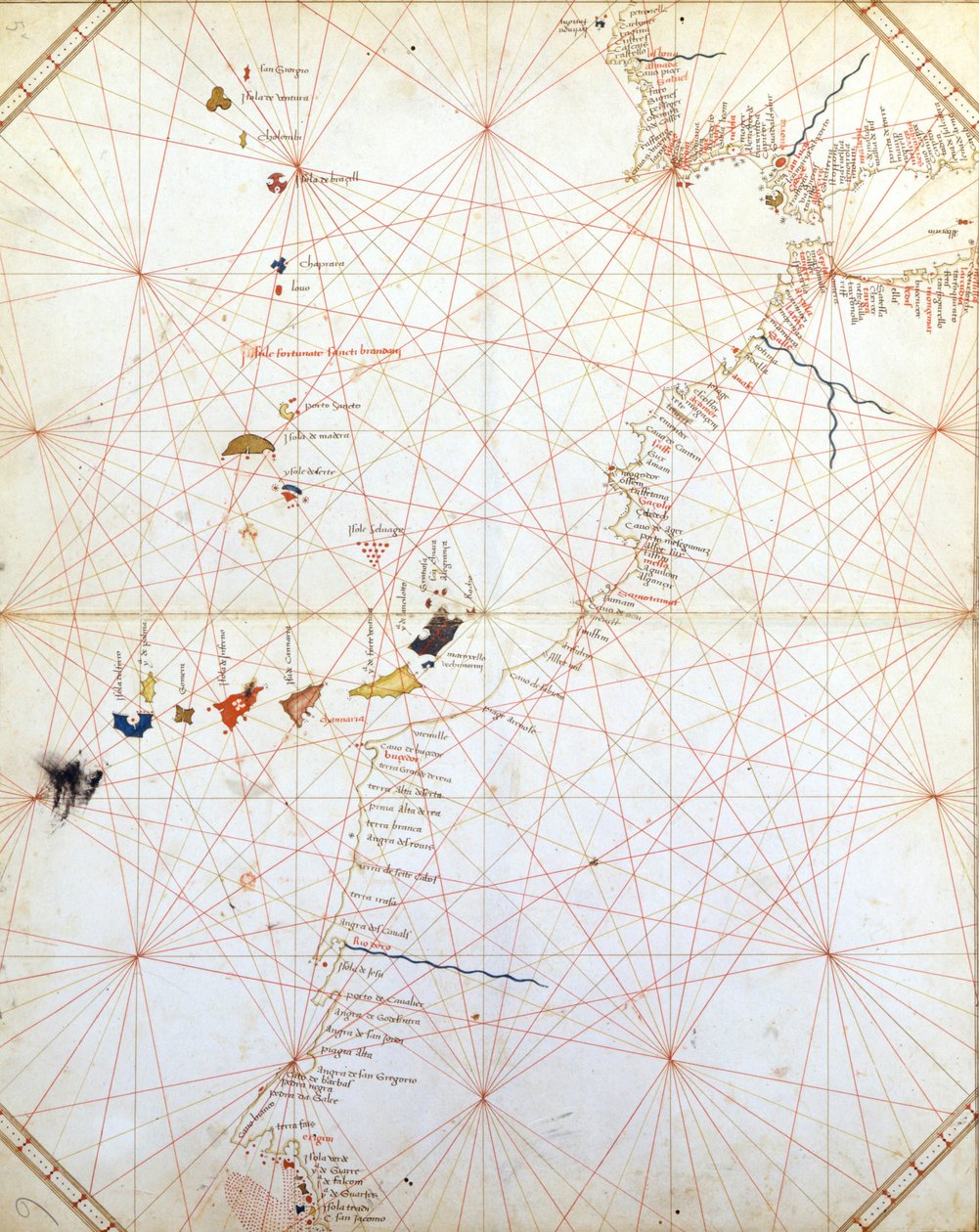 Map showing Gibraltar, Morocco and the Canary Islands. 15th century Portulan by Unknown artist