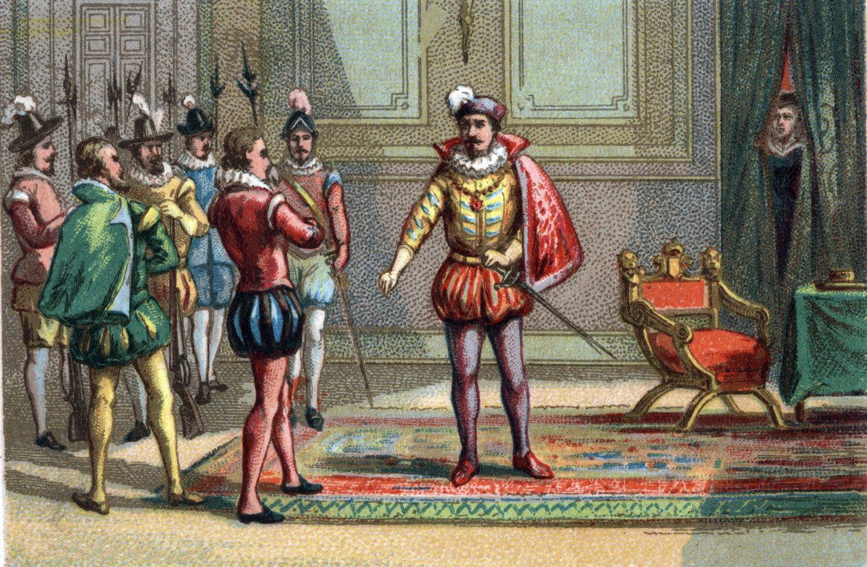 Massacre of Saint Barthelemy, the Duke of Conde and Henry of Navarre were brought to Charles IX, King of France (1550-1574), who offered them the choice between mass and death. Catherine de Medicis (Caterina de Medici) (1519-1589) observes the scene. Chrom by Unknown artist