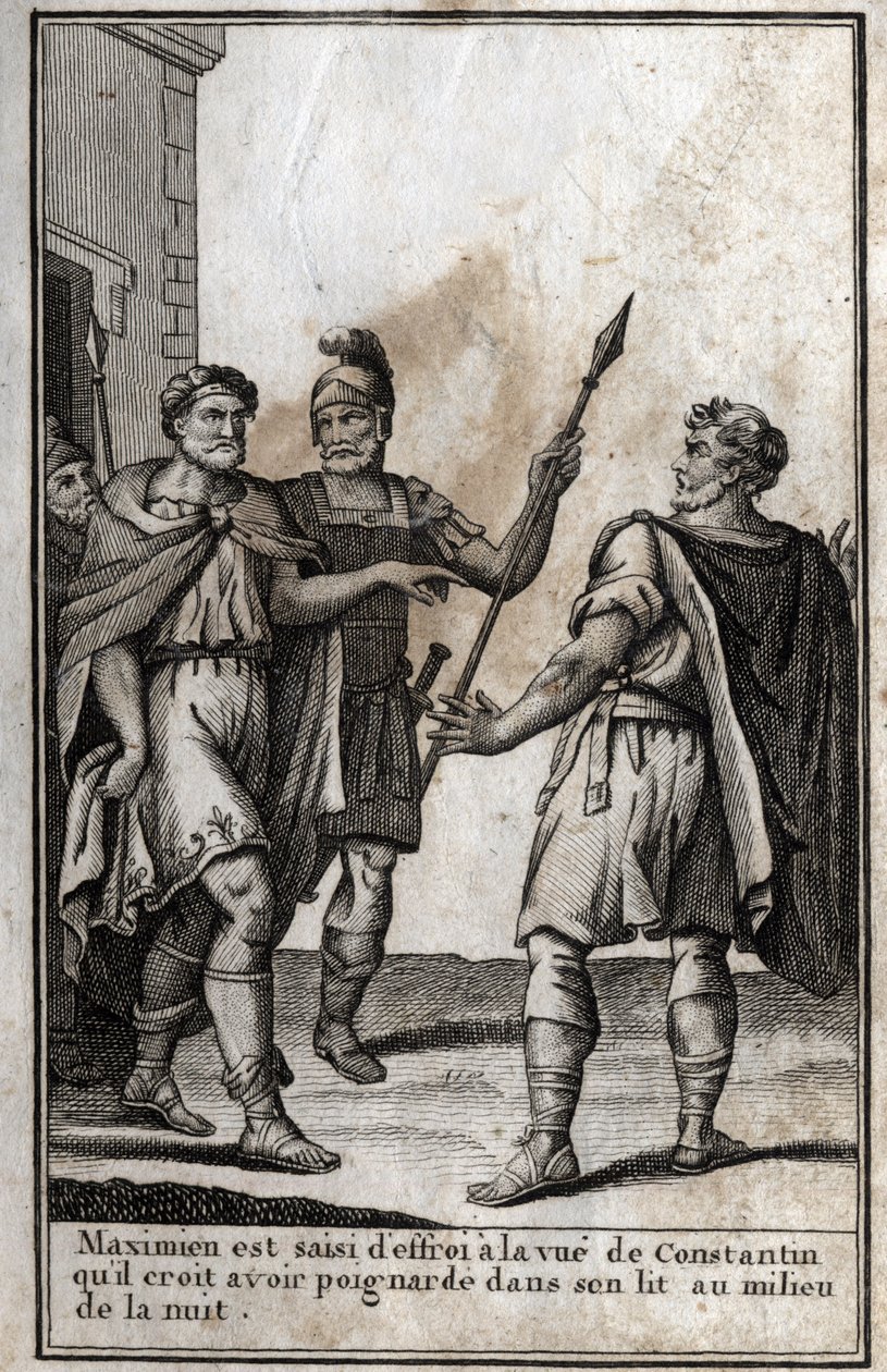 Maximian Hercules (Marcus Aurelius Valerius Maximianus) (circa 250-310), Roman emperor, is seized with fear at the sight of Constantine (Constantine I, Flavius Valerius Aurelius Constantinus, 272-306), his son-in-law, whom he thinks he stabbed in his bed by Unknown artist