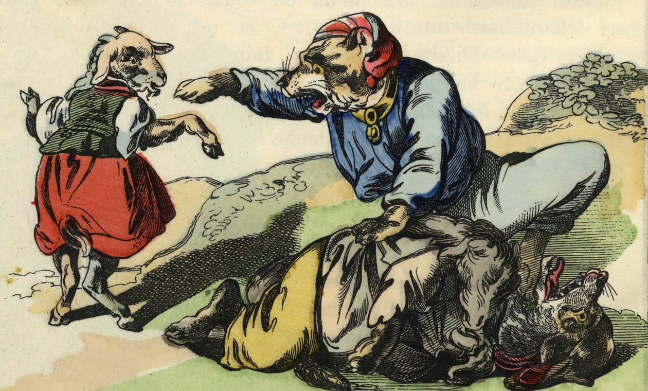 Medor saves Little Chef from the wolf. Illustration of the tale 