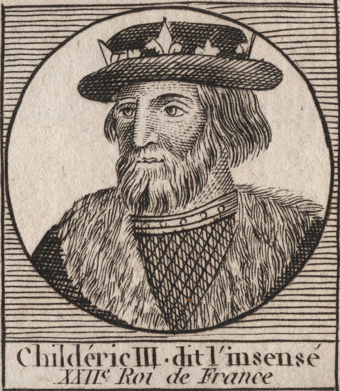 Merovingian Dynasty: Portrait of Childeric III (714-755) King of the Franks - engraving from “Instruction sur l