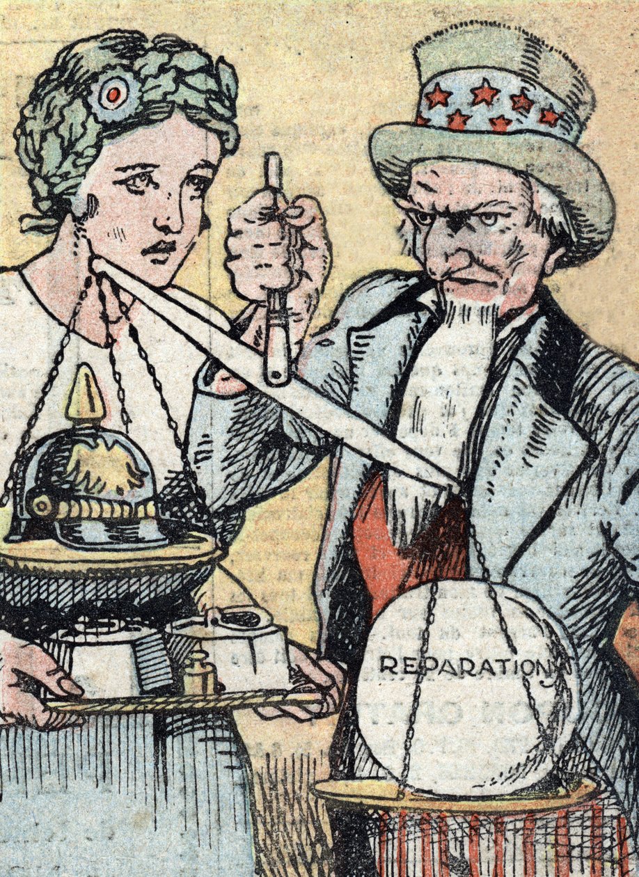 Metrication in the United States: Plan of Adoption Represented with French Symbol Marianne and Uncle Sam Balancing War Expenses, Illustration from 