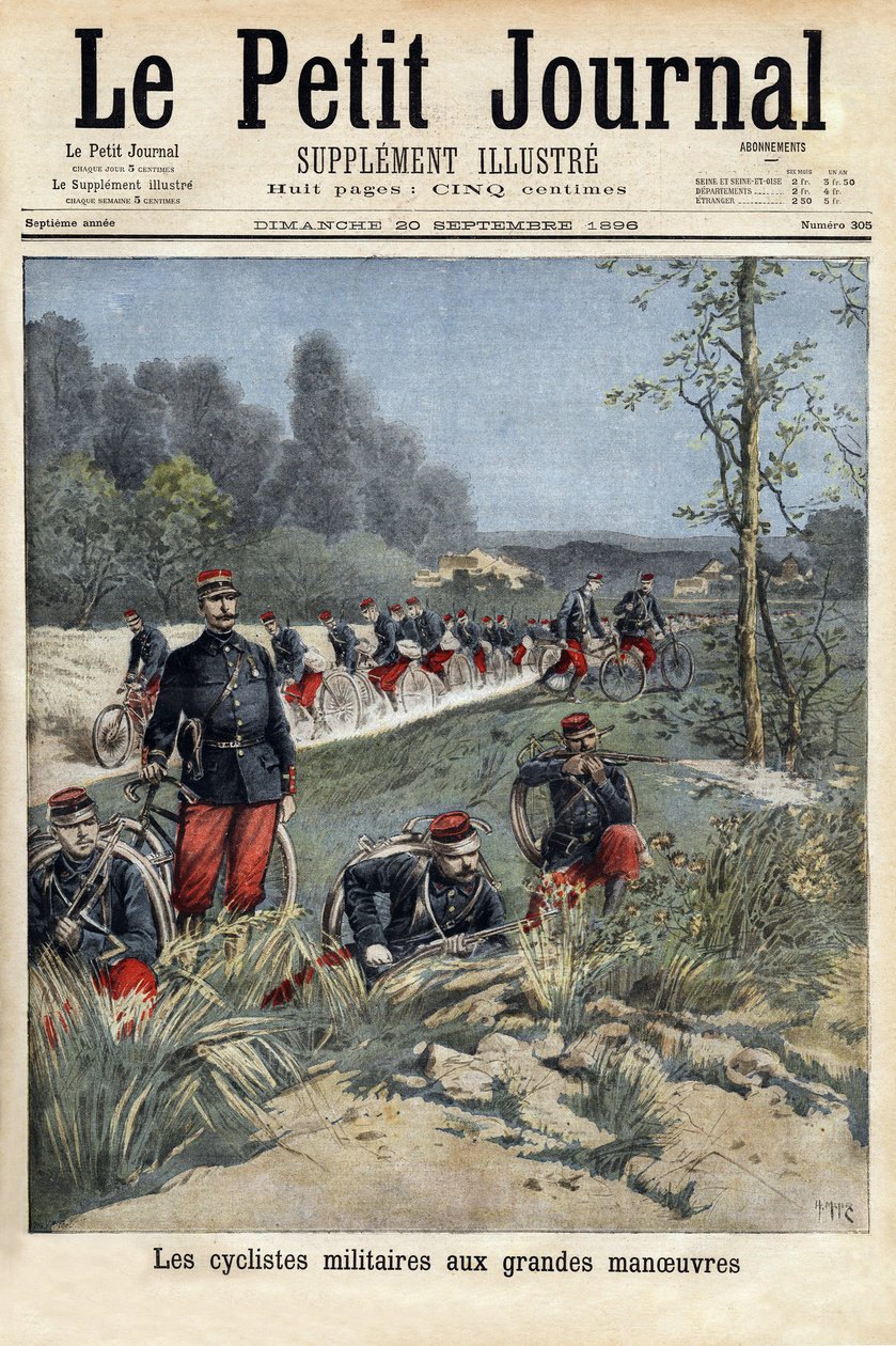 Military cyclists at the big maneuvers. Engraving in Le petit journal 20/09/1896. Selva