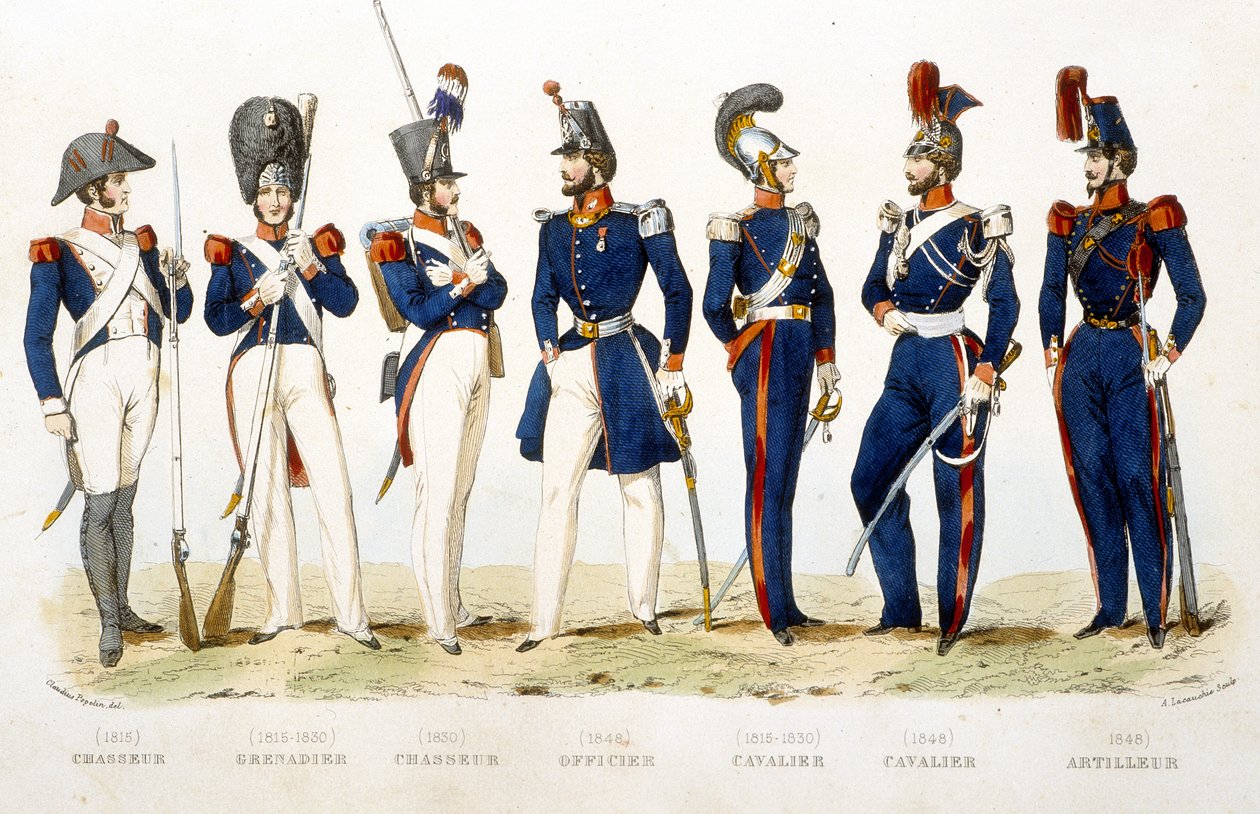 Military uniform: hunter (1815), grenadier (1815 - 1830), hunter (1830),  officer (1848), horseman (1815 - 1830), rider (1848), gunner (1848) - in  Fasttes de Gardes nationales de France