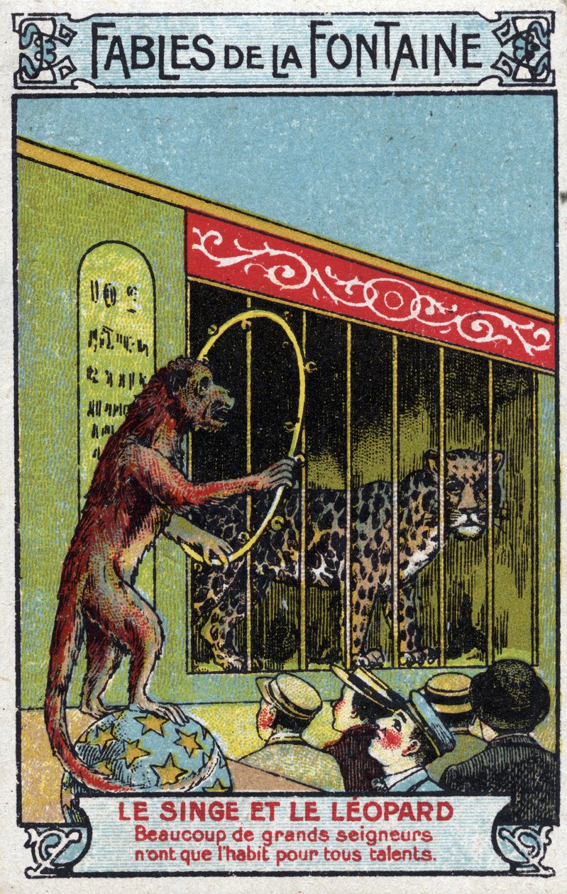 Monkey and Leopard - Fables by Jean de La Fontaine (1621-95) - Chromolithography of the end of the 19th century Private Collection by Unknown artist