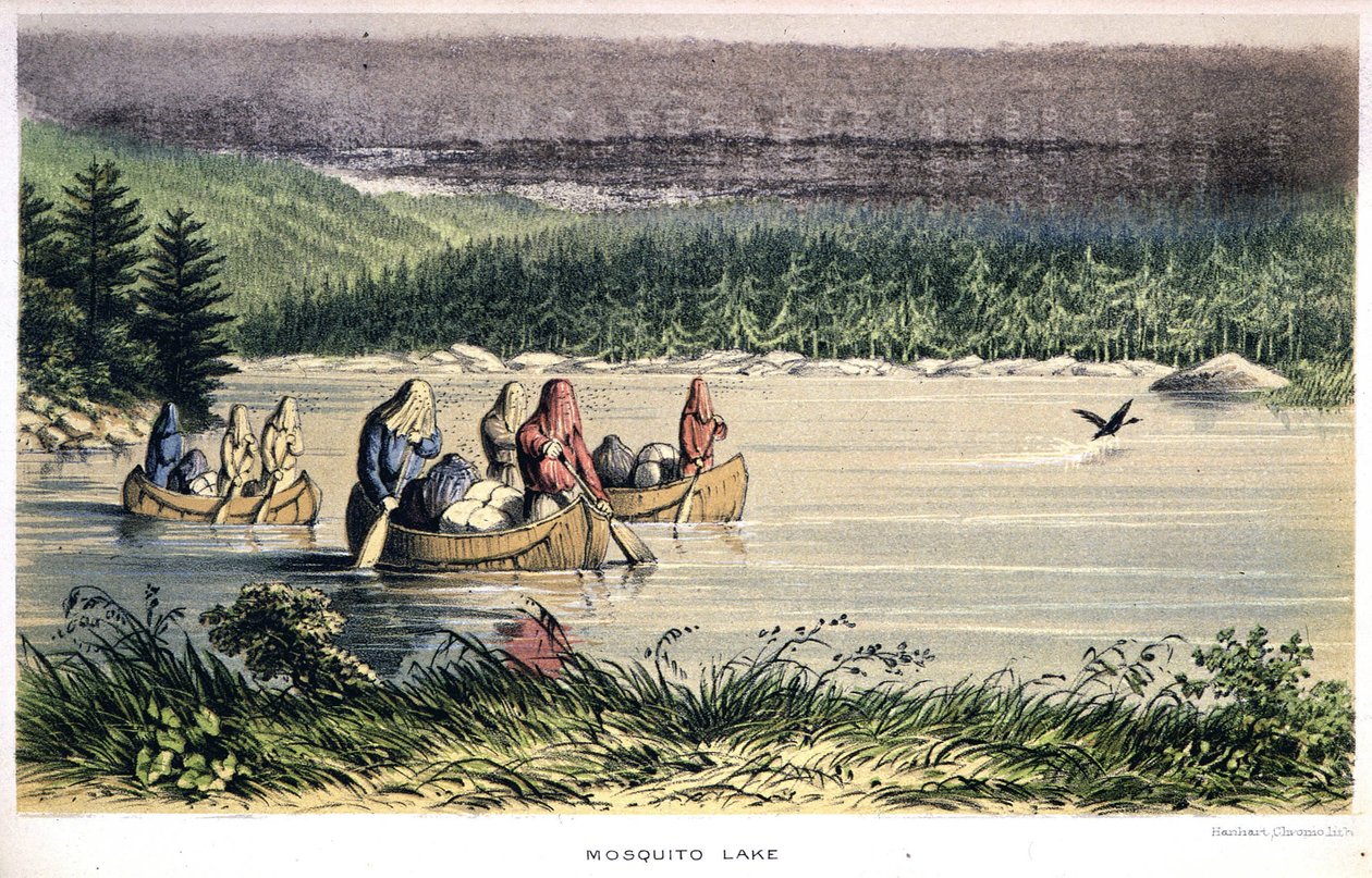 Mosquito Lake in Canada: Indians Canoe Across the Lake with Mosquito Nets on Their Heads - in Exploration of the Labrador Peninsula by Hind, London by Unknown artist