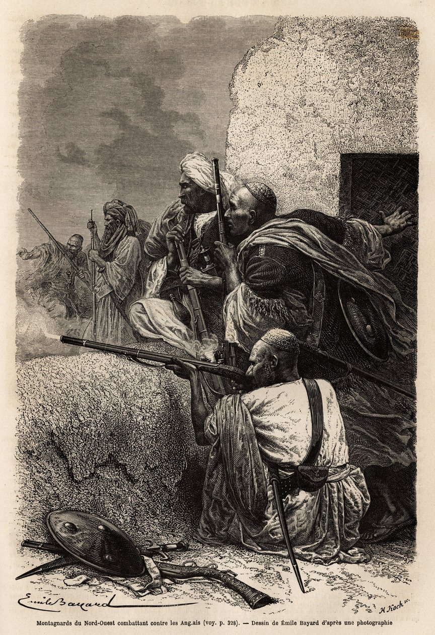 Muslim Mountaineers Resettled in the Mountains of Svat, Fighting an English Expedition in 1863 to Stop the Looting of Villages in the Region. Engraving to Illustrate the Story of Punjab and Kashmir, by Guillaume Lejean, 1866, Published in 