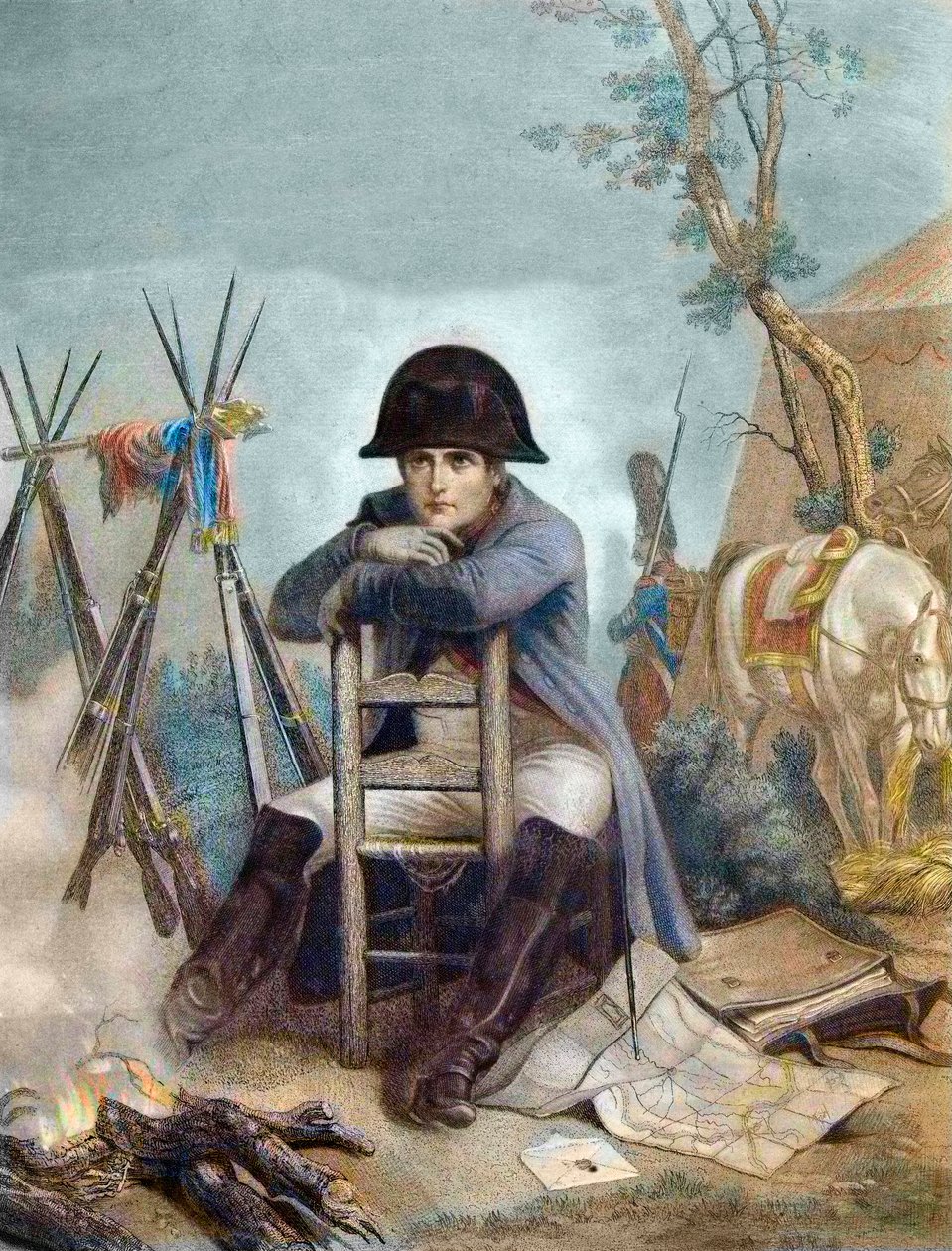 Napoleon at the Bivouac the Eve of the Battle of Austerlitz - engraving by Philippoteaux - Napoleon at the Bivouac. The Battle of Austerlitz (1805), also known as the Battle of the Three Emperors by Unknown artist
