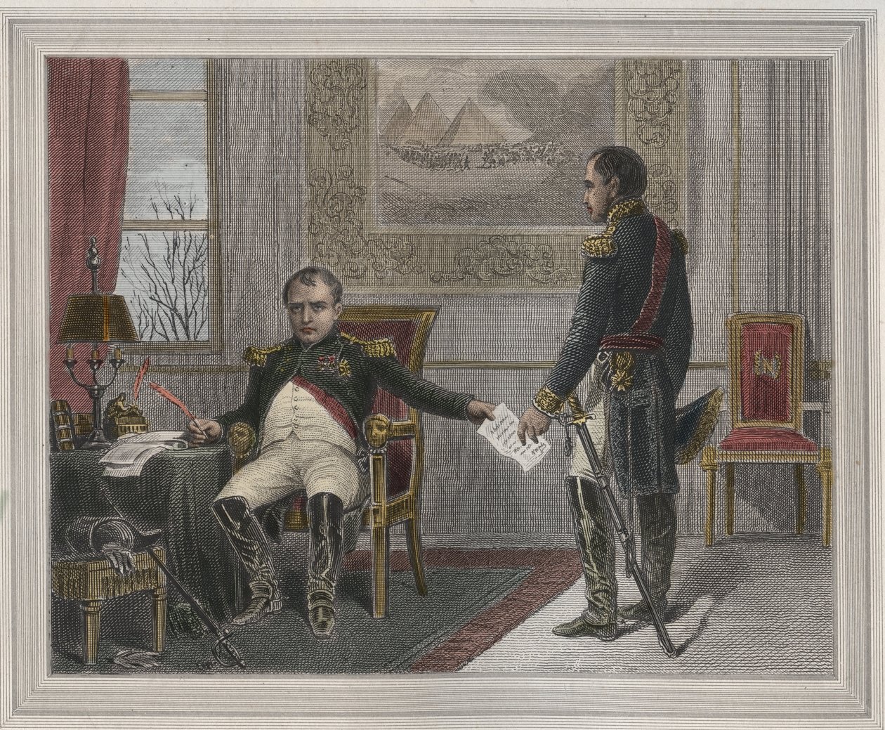 Napoleon Signing His Abdication 1814 - Napoleon Bonaparte at Fontainebleau During His First Abdication, Signed in April 1814 - Engraving in 