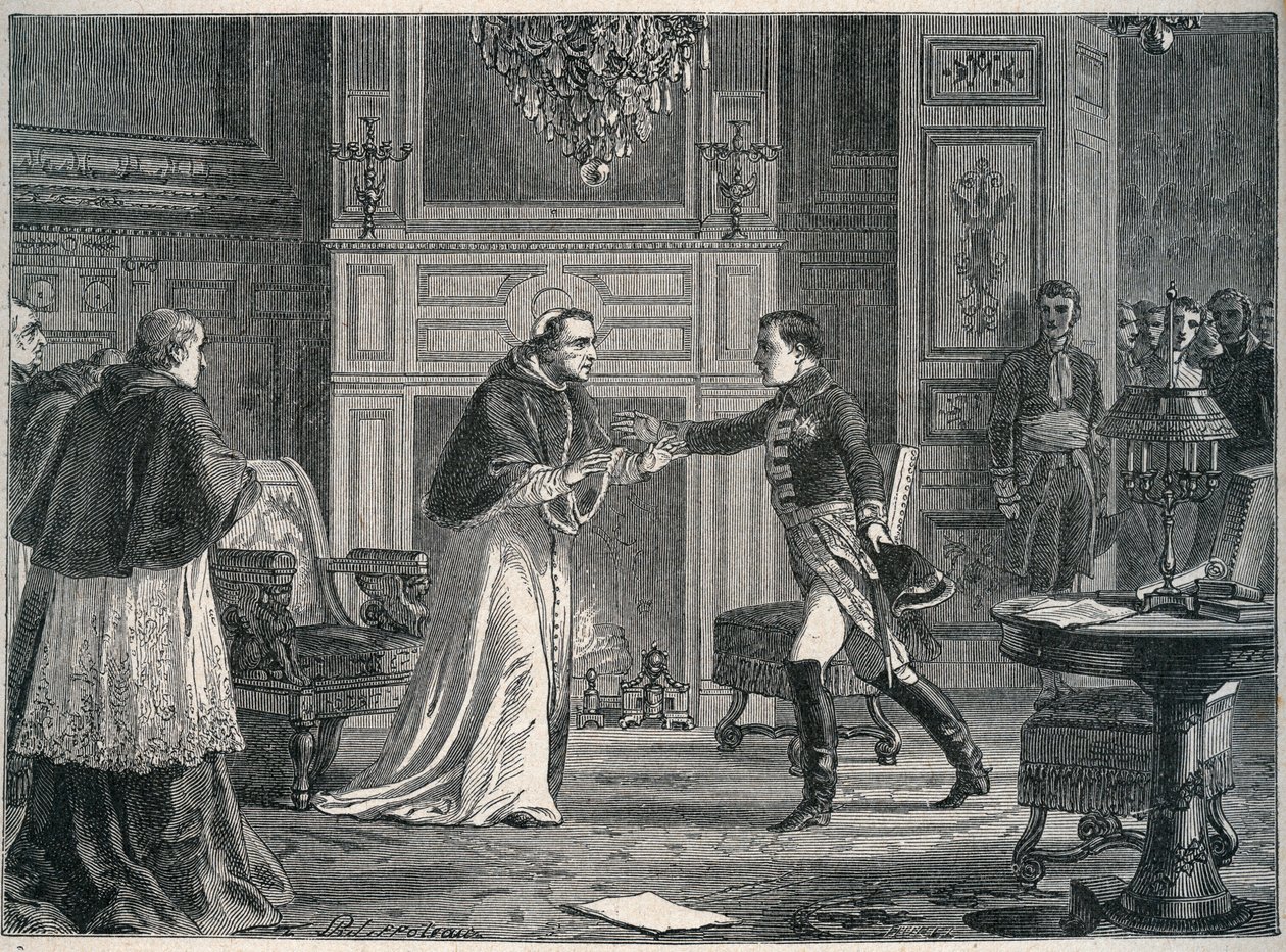 Napoleon visiting Pope Pius VII at Fontainebleau 1804 - Visit of Napoleon I to Pope Pius VII at Fontainebleau 1804 by Unknown artist