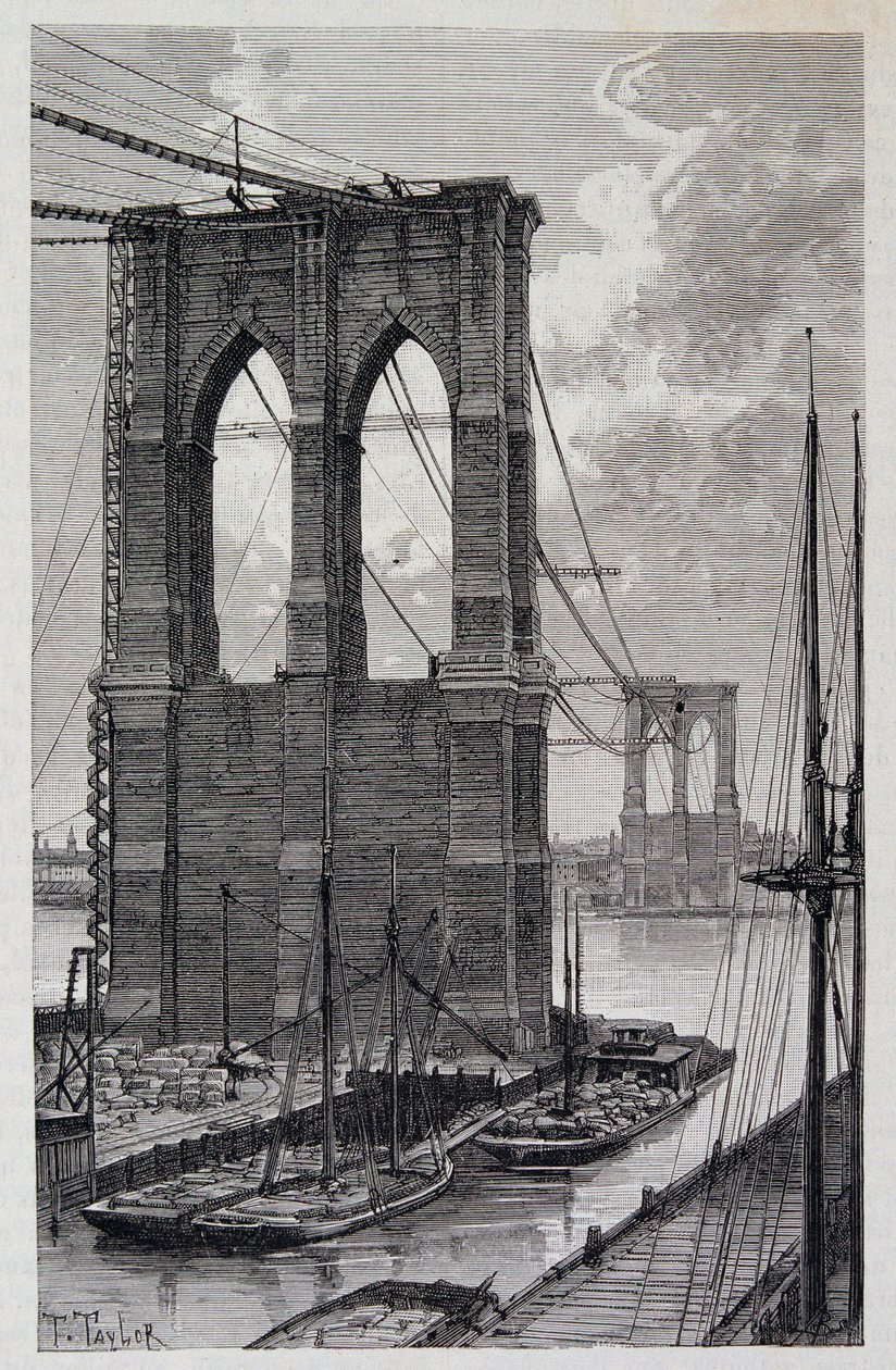 New York: Brooklyn Bridge piles under construction - in 