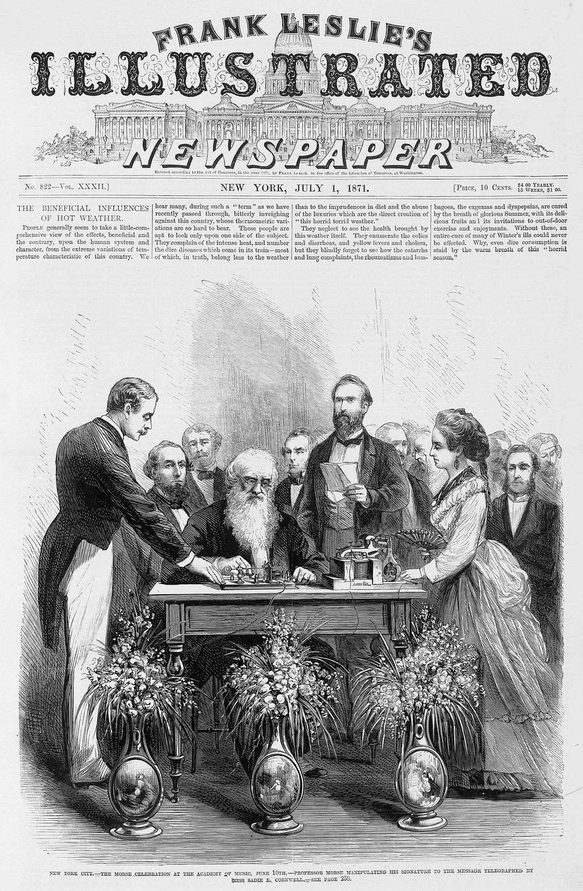 New York City - Morse Celebration at the Academy of Music, June 10 - Professor Morse manipulating his signature to the message telegraphed by Miss Sadie E. Cornwell - in 