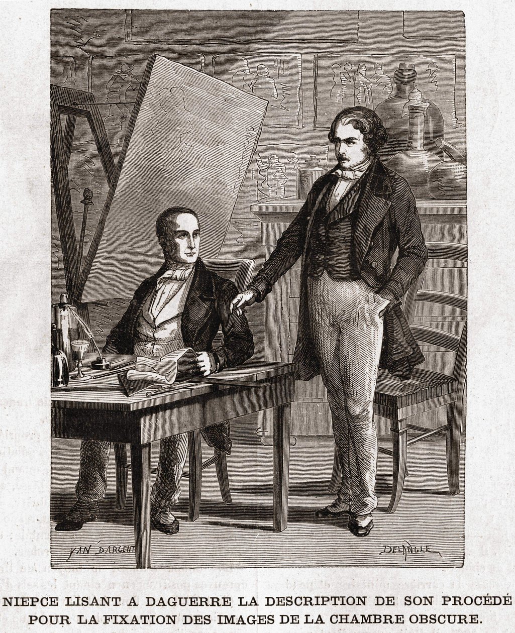 Niepce reading to Louis Daguerre the description of Heliography, for the fixing of pictures from camera obscura - Nicephore Niepce (1765-1833), French inventor, pioneer of photography reading to Daguerre the description of his method for fixing the images by Unknown artist