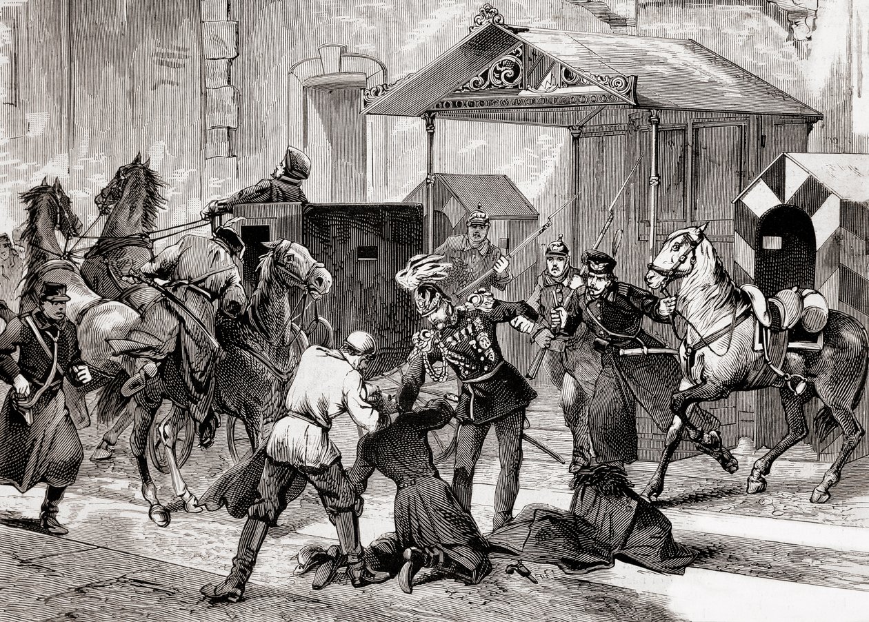 Nihilism in Russia - Attempted assassination against the Aide de Camp, General Loris Melikoff (Loris-Melikoff), outside the door of his hotel in the Great Moskaia in 1880 - The Russian Nihilist movement in the 19th century: assassination attempt on Count L by Unknown artist