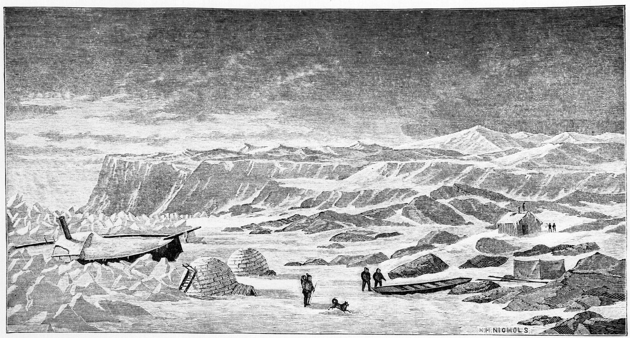 North Pole: Igloos and Icebreaker Boat (Ice Breeze), Drawing, Spring 1873 by Unknown artist