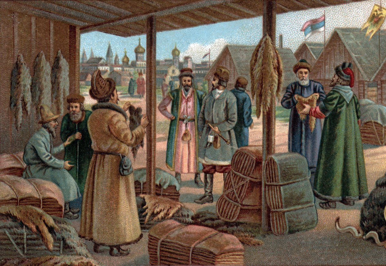 Old Shopping Malls: Fur Fair in Novgorod (Veliky Novgorod), Russia in the 19th century. Chromolithography of the late 19th century by Unknown artist