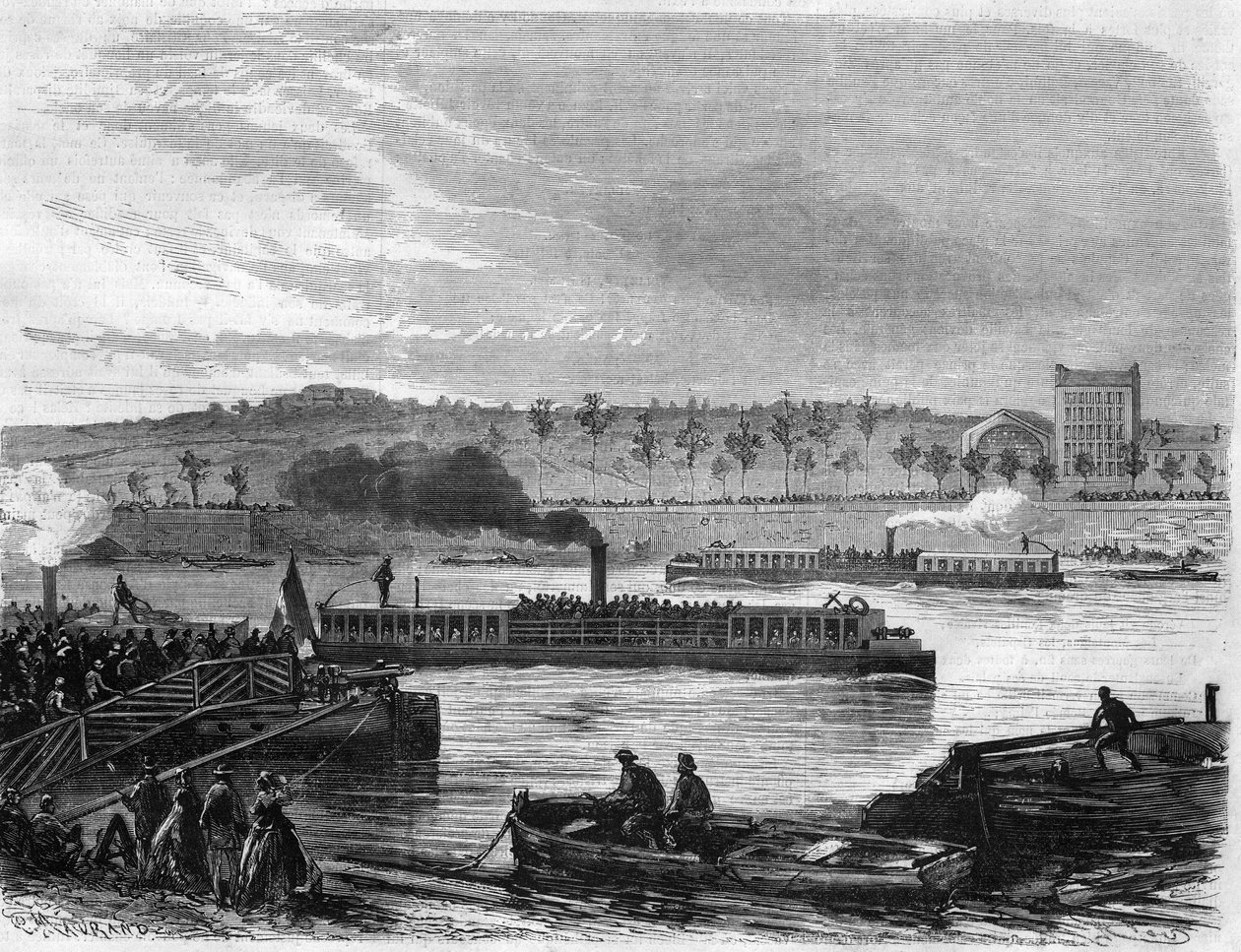 Omnibus steam boats from Paris, France. Engraving in 