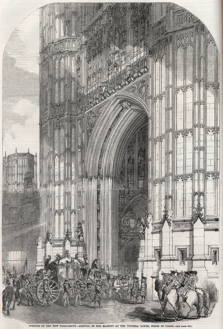 Opening of the New Parliament - Arrival of Her Majesty at the Victoria Tower, House of Lords 1852. by Unknown artist