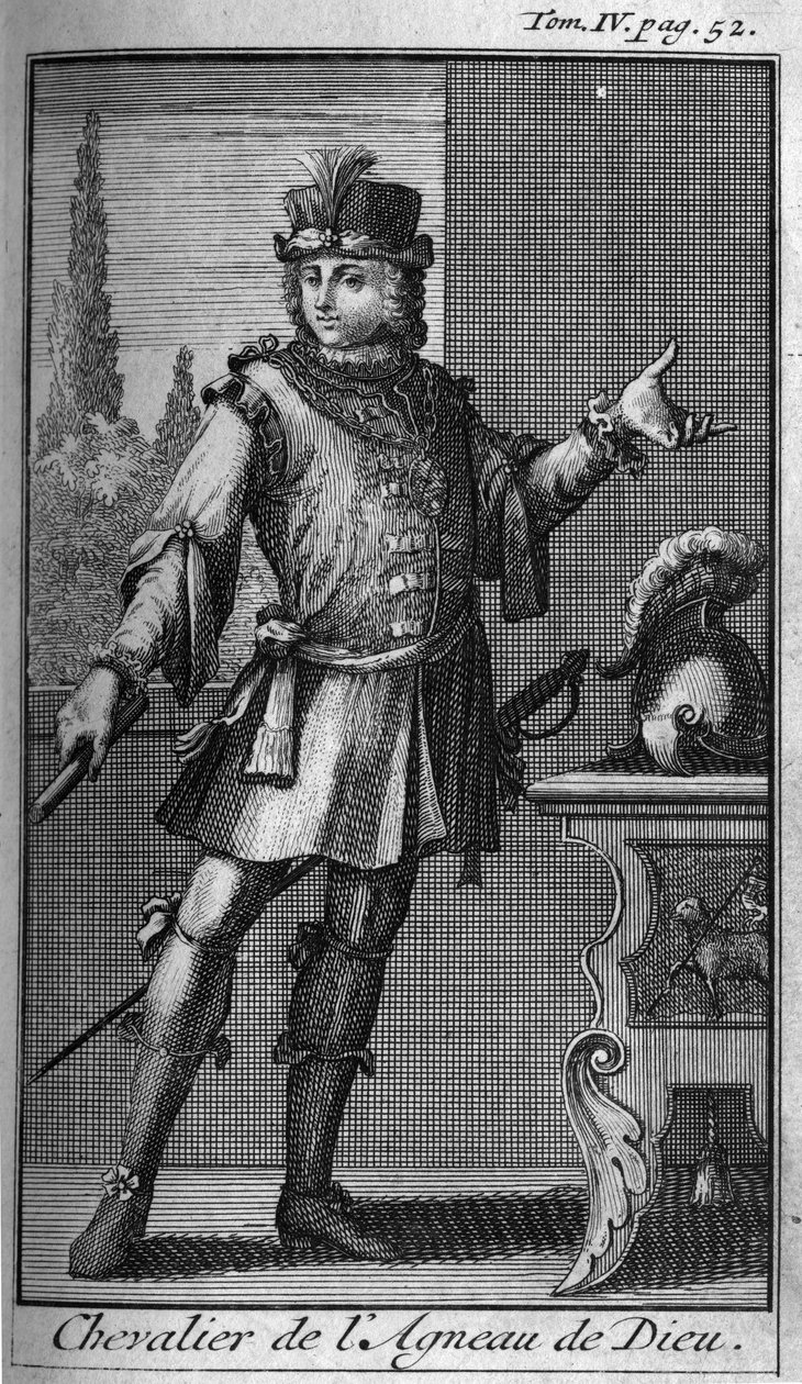 Orders of Chivalry. Knight of the Lamb of God. In "History of military orders or knights, of the secure and routine militias of both sexes, which have been established so far. Edition taken from Abbe Giustiniani, R.P.Bonani, M. Herman, Schoonebeek, R.P.H" by Unknown artist