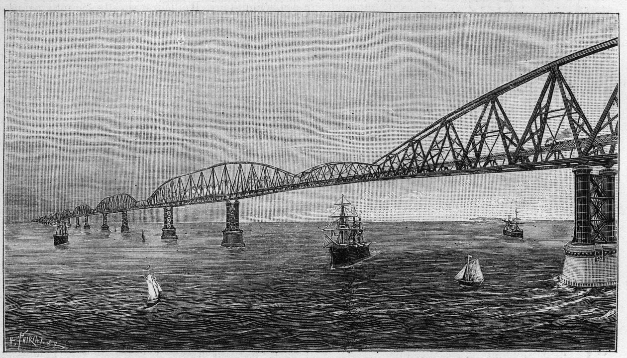 Overview of the Bridge over the Channel, project of a bridge crossing the Channel to connect France to England. Engraving in 