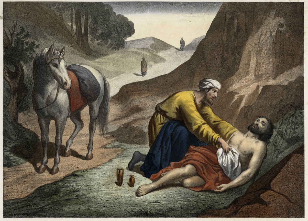 Parable of the Good Samaritan: the Samaritan stopped on his way to rescue the dying man. Anonymous engraving from the middle of the 19th century by Unknown artist