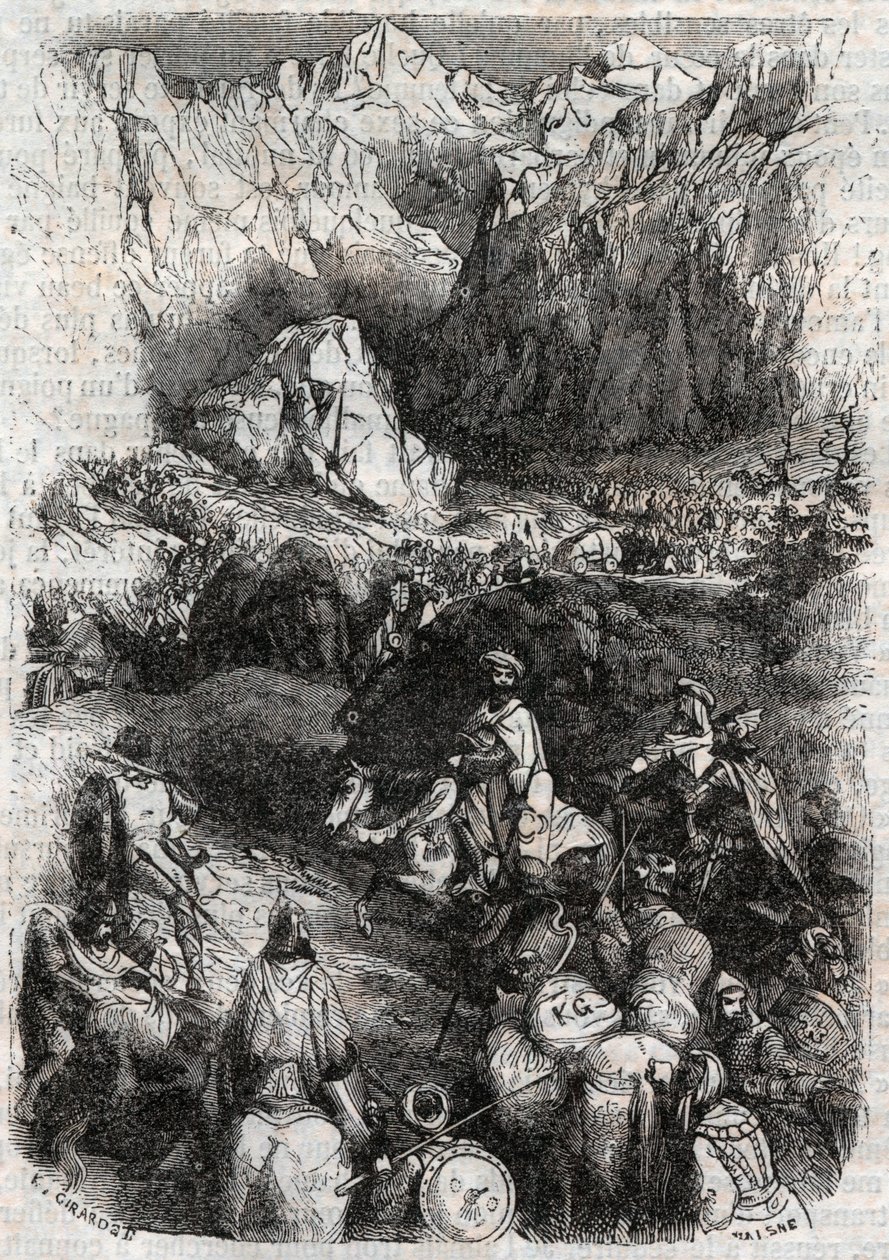 Passage of the Pyrenees by the Moors - engraving of 1851 from Furious Roland (Orlando furioso) (16th century) by Ludovico Ariosto, known as the Ariosta - Edition translated from Italian by the Count of Tressan and published by Gustave Harvard 1851 by Unknown artist