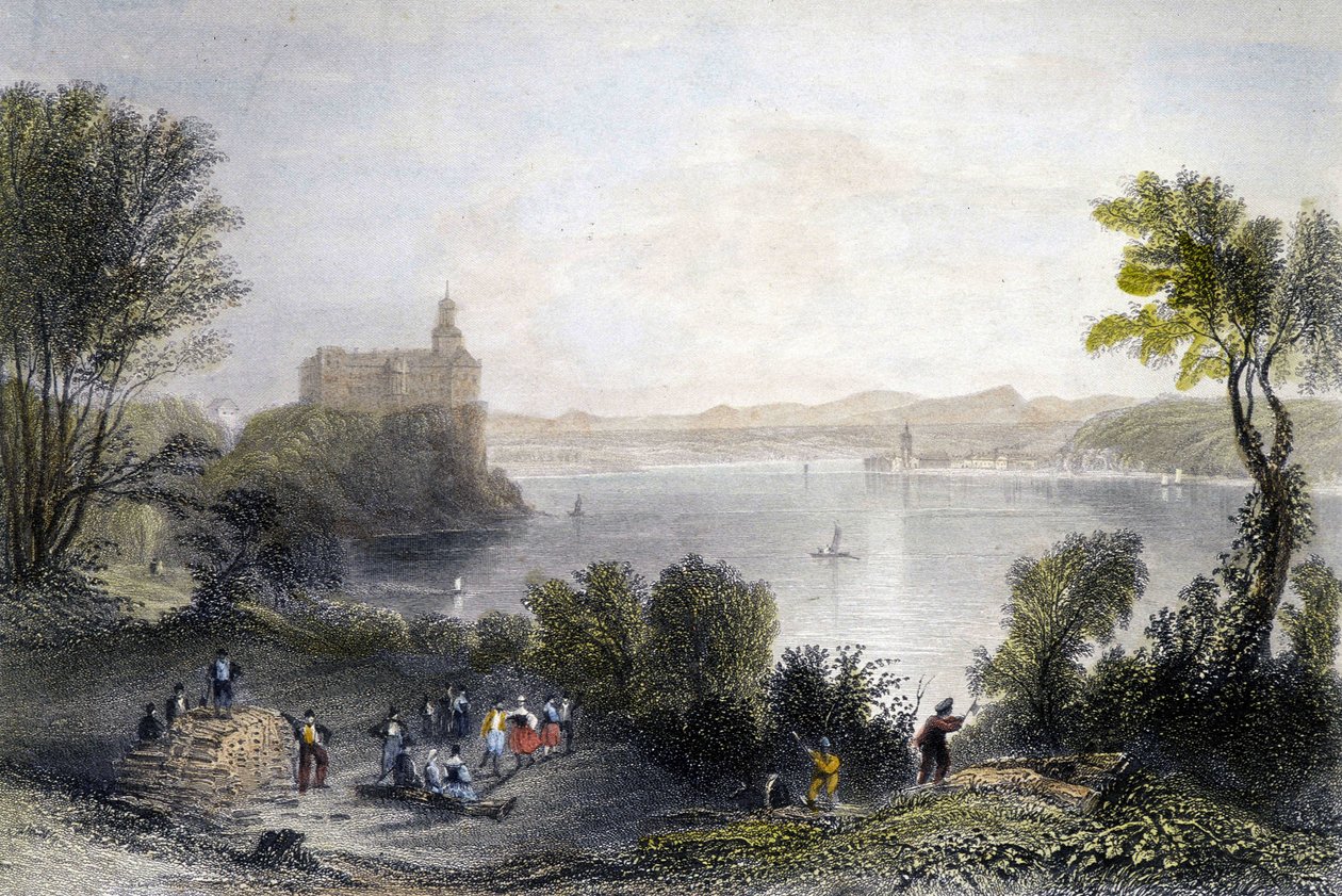 Persenberg Castle in Germany. In the foreground, the woodworkers at work. Engraving of the 19th century by Unknown artist