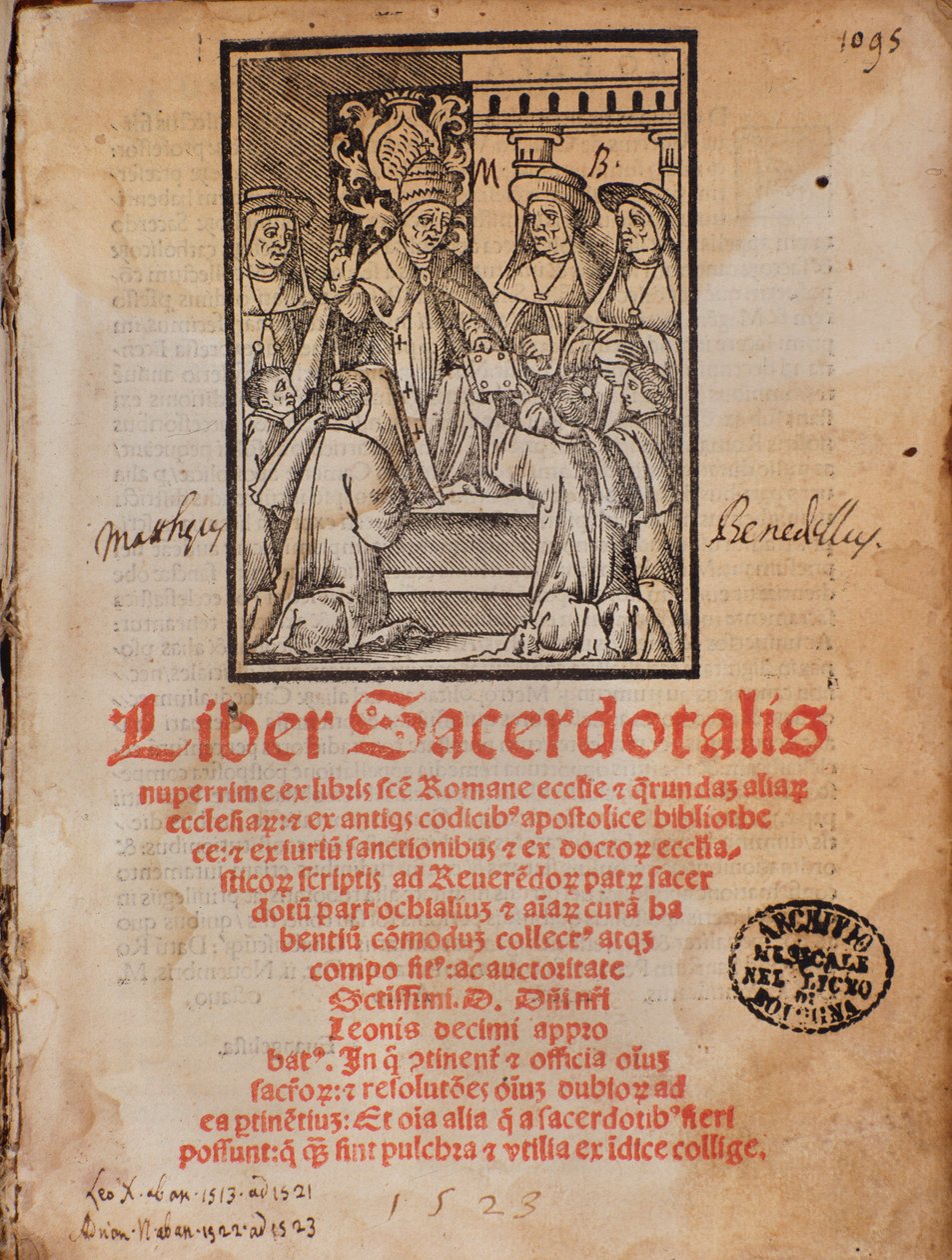 Pope Leon X receives the book Frontispiece of the liturgy book Liber Sacerdotalis by Castellini by Unknown artist