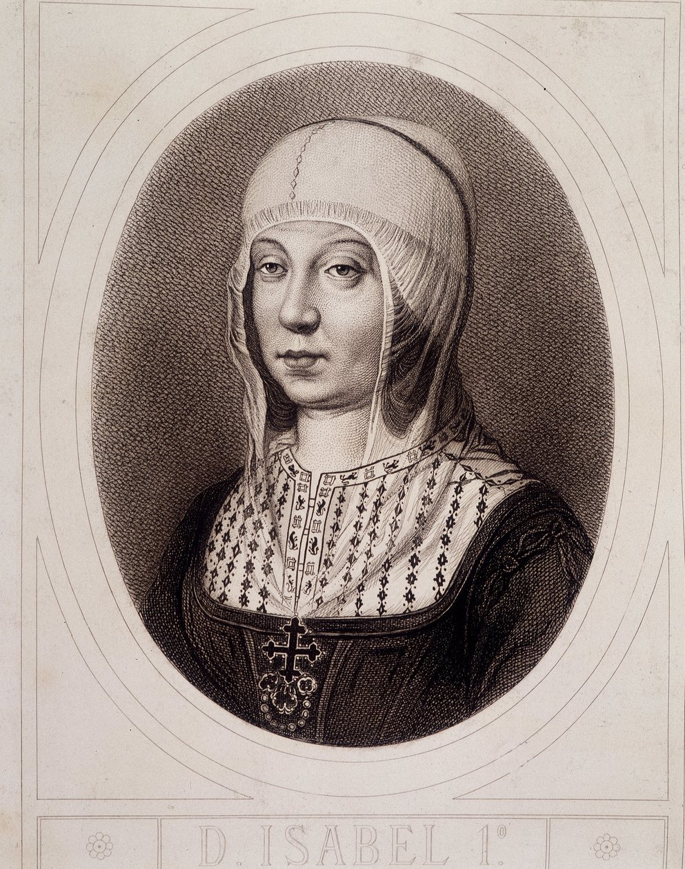 Portrait in Medallion of Isabelle 1st the Catholic or Castile - Engraving by Unknown artist