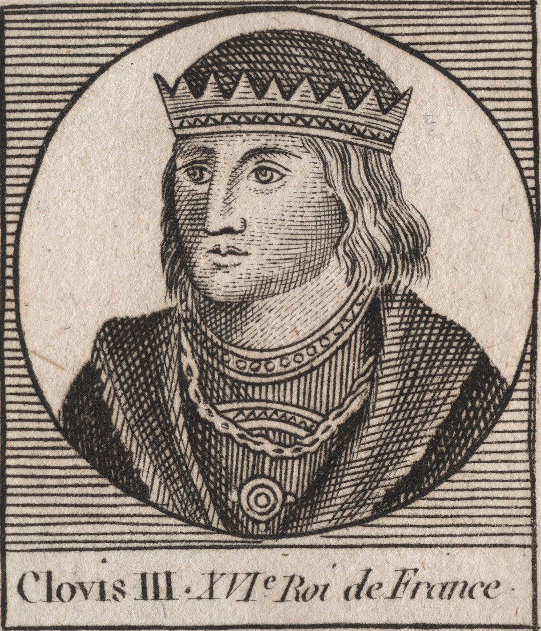 Portrait of Clovis III, King of the Franks from 691 to 695 - CLOVIS III Merovingian king of Neustria and Austrasia - engraving from Instruction sur l