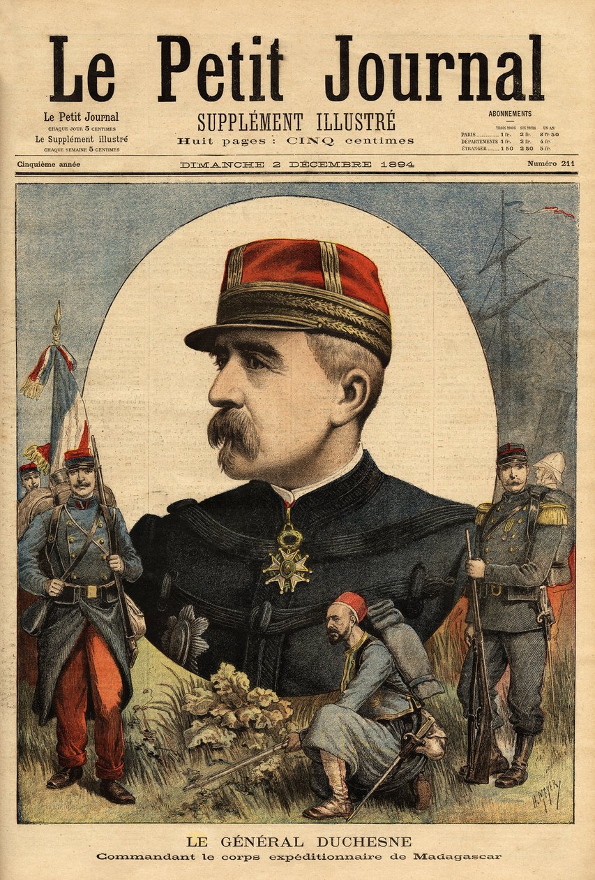 Portrait of General Jacques Charles Duchesne, Commander of the Armed Forces Sent to Madagascar in 1894. Engraving in Le Petit Journal 3/12/1894. Selva