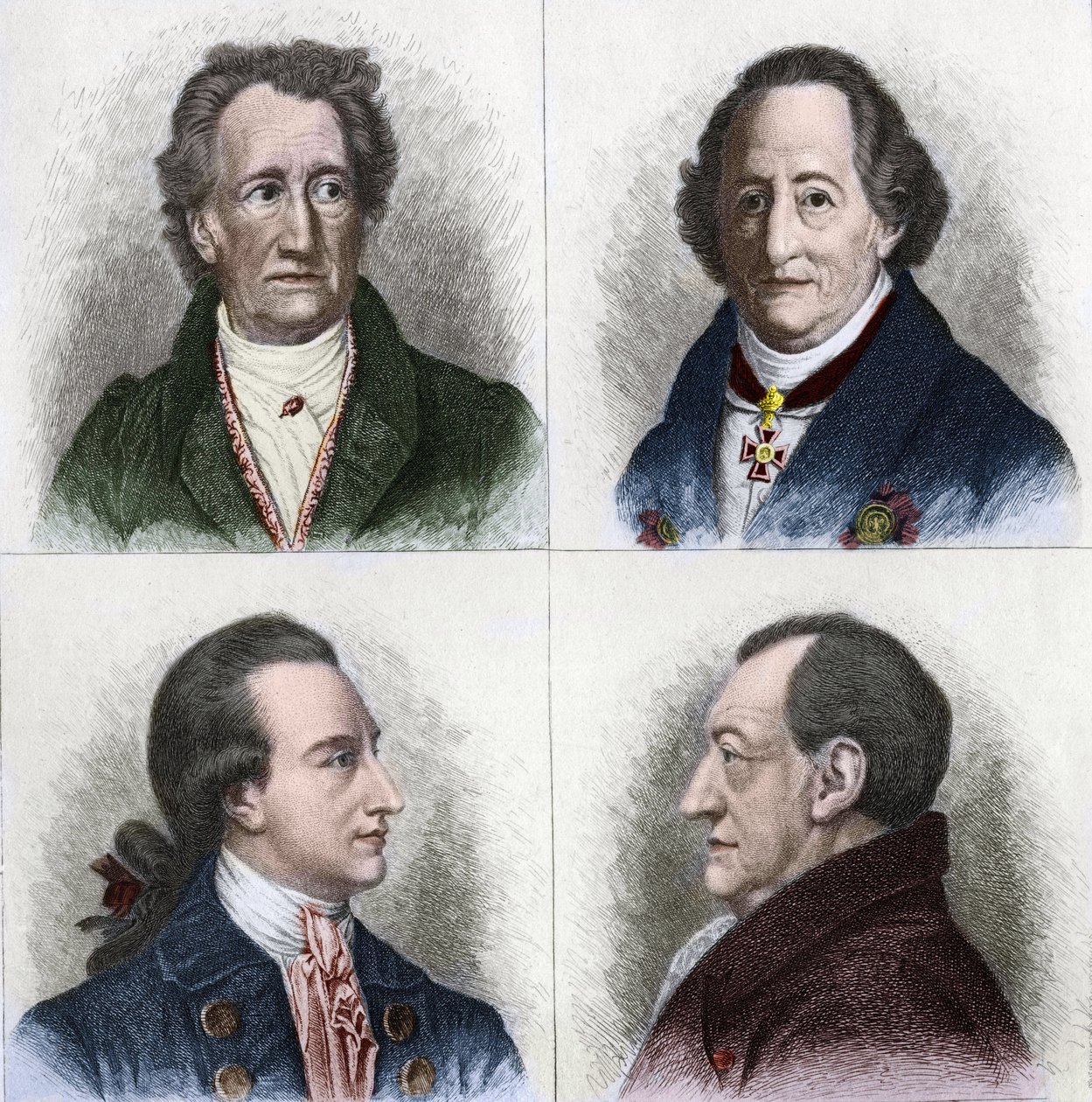 Portrait of Johann Wolfgang Goethe (1749 - 1832), German writer, at different ages in his life. Engraving of the 19th century. by Unknown artist