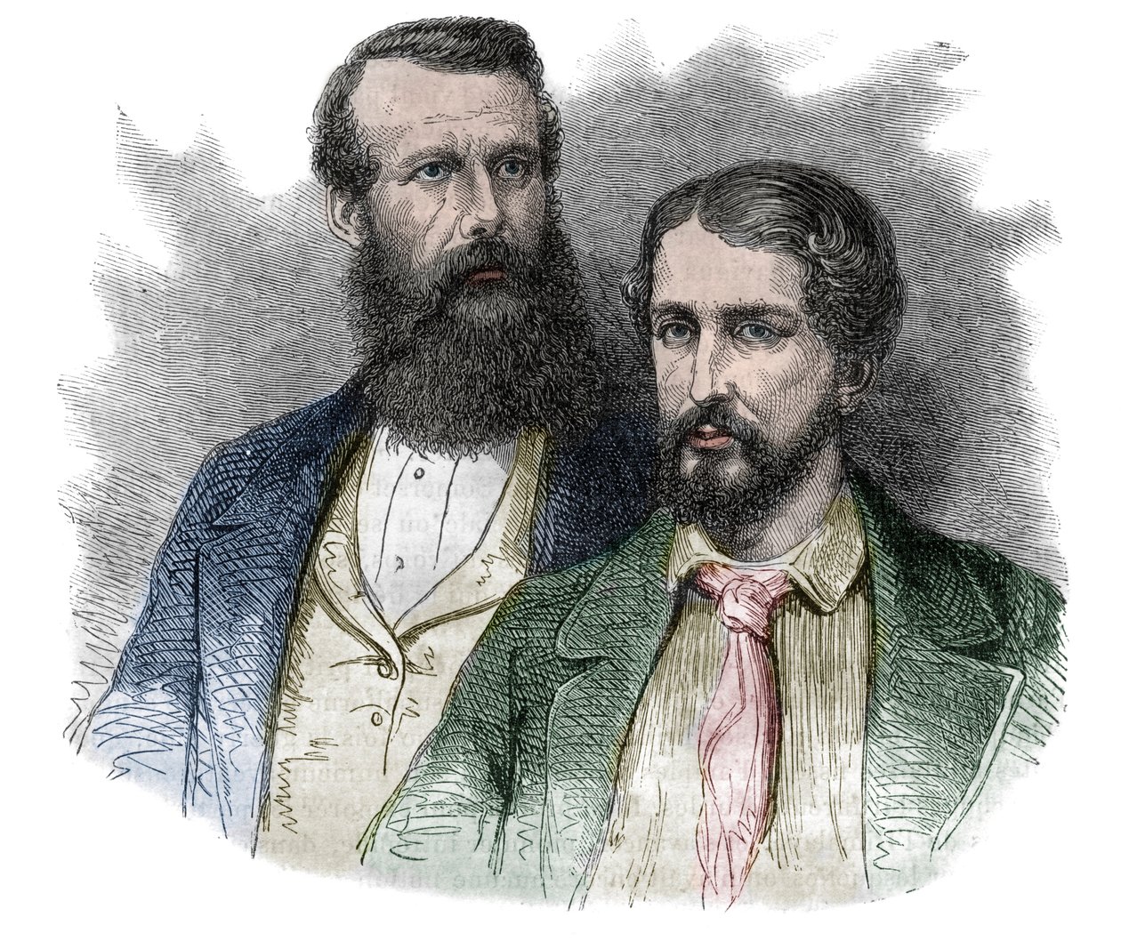 Portrait of John Hanning Speke, British explorer, and James Augustus Grant, British soldier and explorer. Together they explored the sources of the Nile River - engraving from 