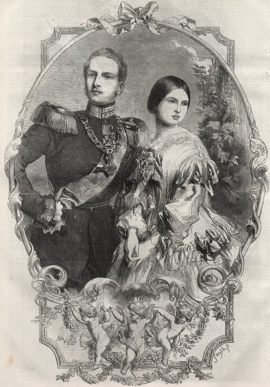 Portrait of Princess Victoria (Queen Victoria) and Crown Prince Frederick William of Prussia. Engraving from 1858. by Unknown artist
