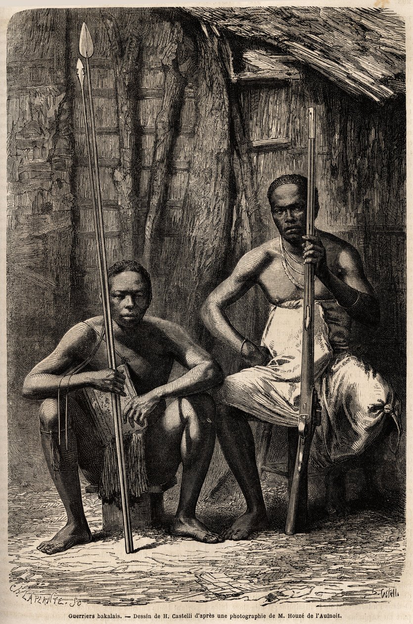 Portrait of two Bakali warriors. Drawing by H. Castelli, to illustrate the journey to Gabon, in 1861-1864, of Doctor Griffon du Bellay. Engraving in 