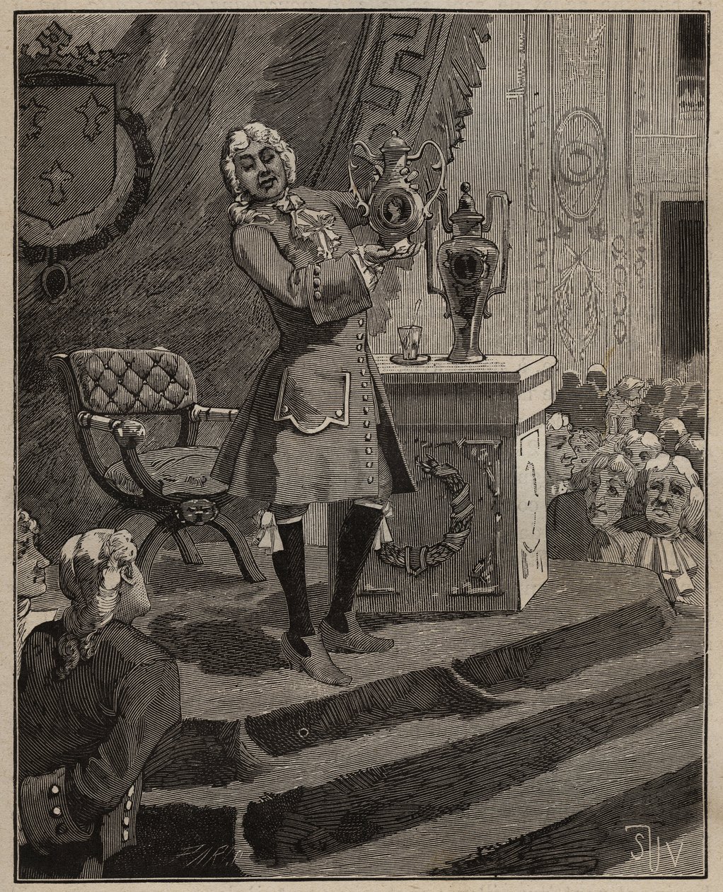 Pottery: Pierre Joseph Macquer Presenting at the Academy the First Hard Porcelain Made in France by the Sevres Factory in 1769. Engraving from 1885 in 