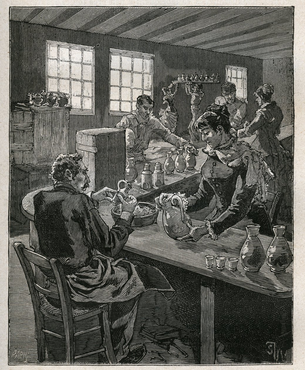 Pottery: filling pottery. Engraving from 1885 in 