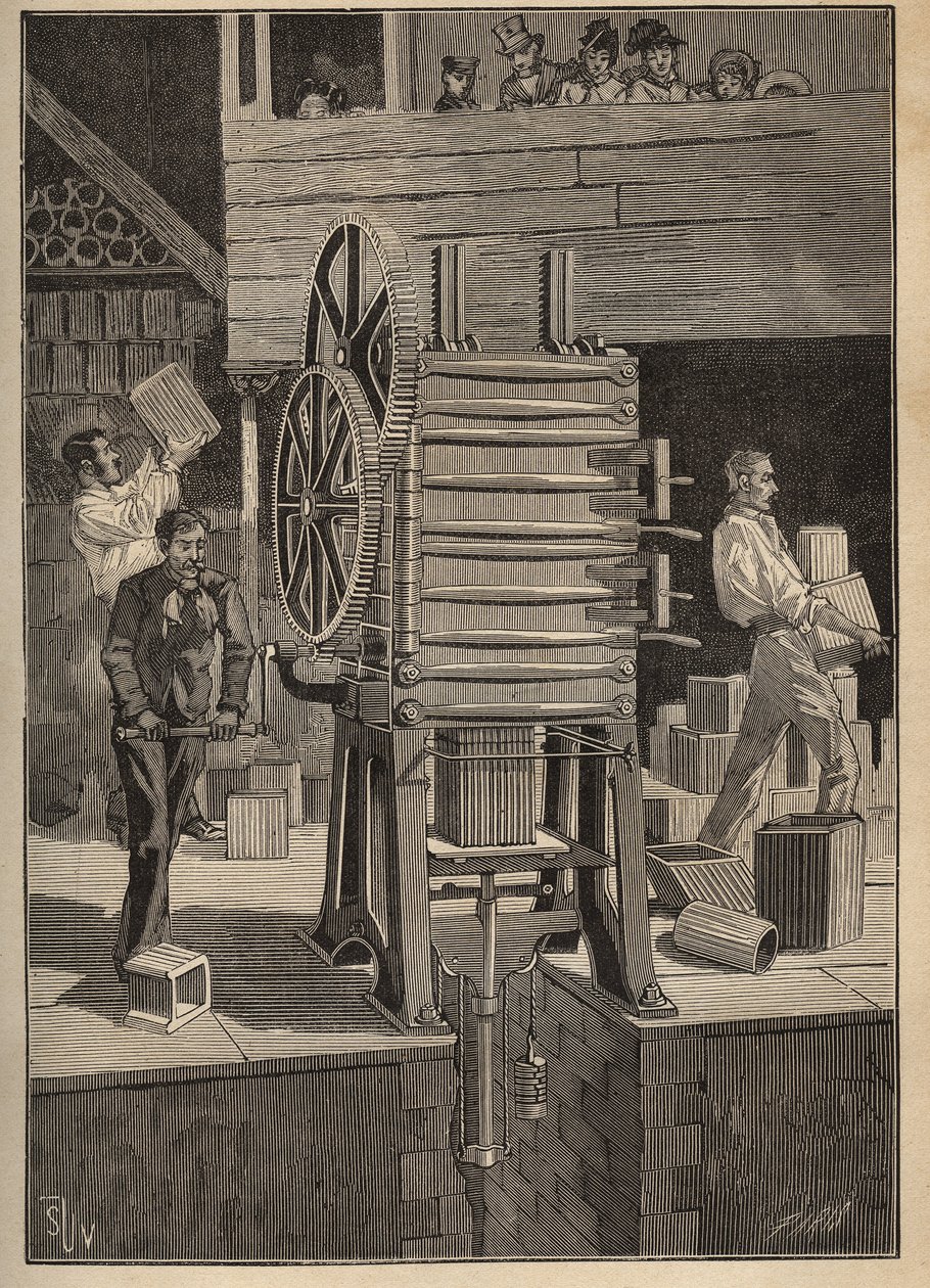 Pottery: mechanical molding of hollow parts. Engraving from 1885 in 