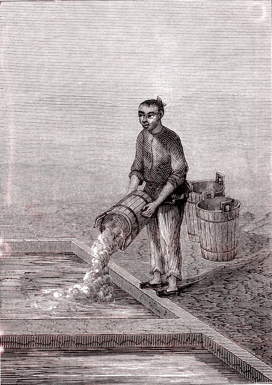 Pouring Lime into the Basin, Paper Manufacturing in China (3rd century BC) (engraving) by Unknown Artist