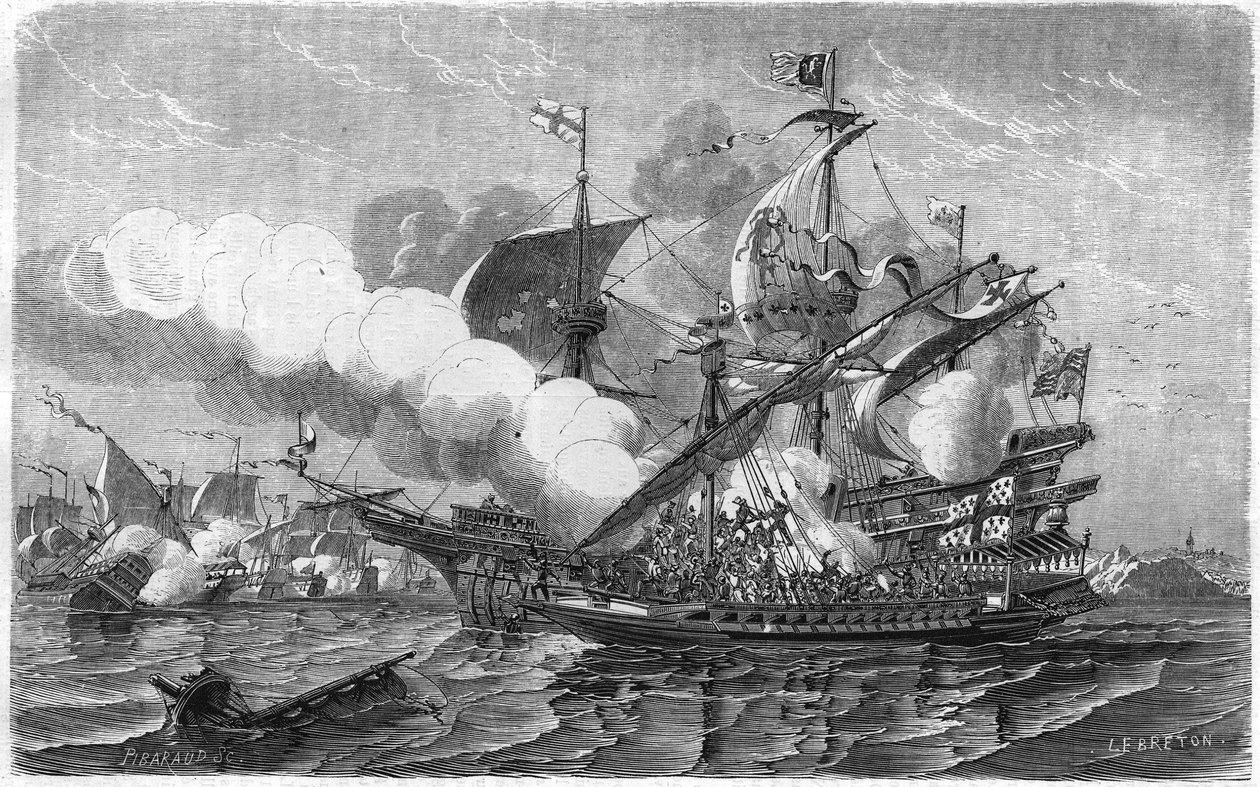 Pregent attacked the English fleet, commanded by Admiral Edouard Howart, April 1513 (19th century engraving) by Unknown artist