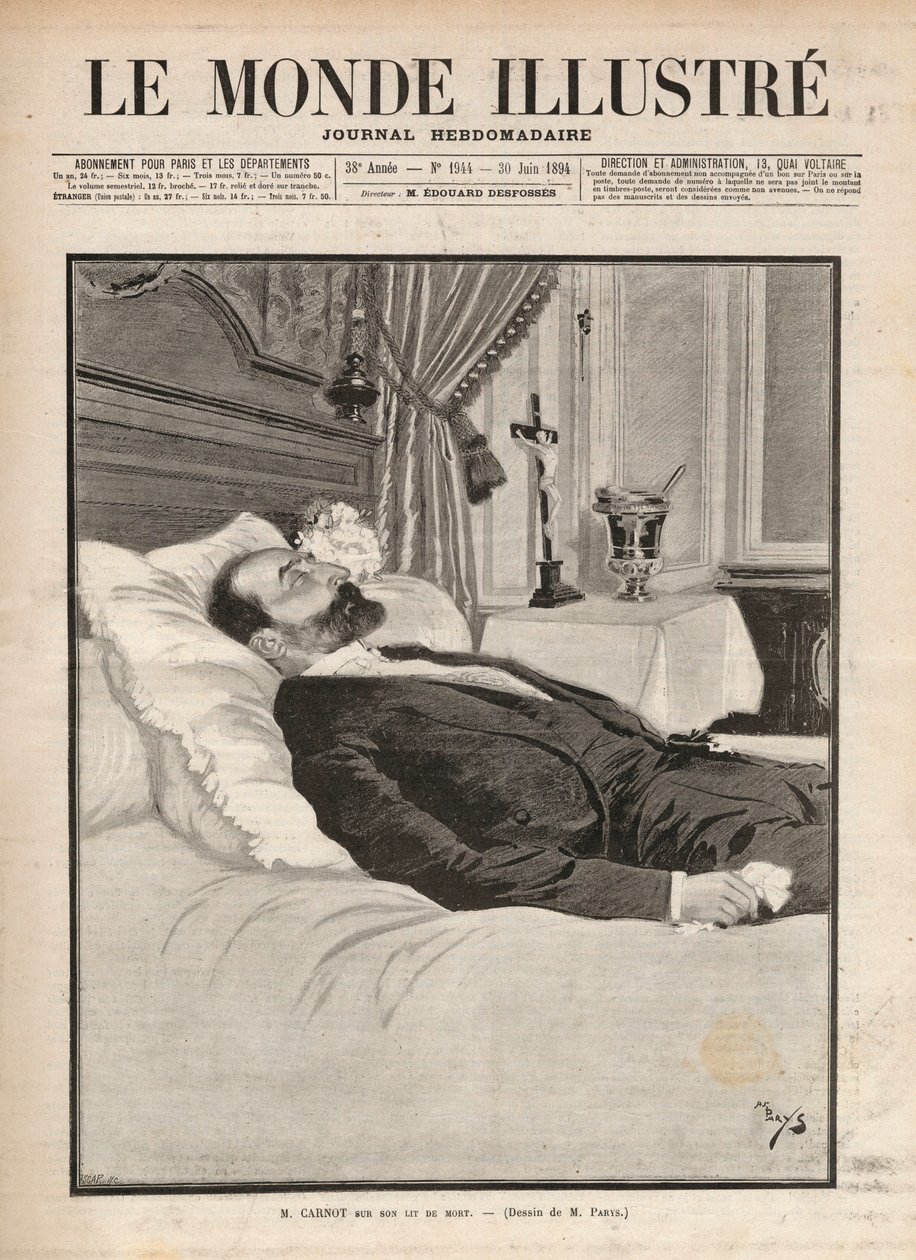 President of the republic Sadi Carnot on his deathbed, in a context of trade union and anarchist agitation, he was assassinated on 24 June at the Lyon exhibition, by Sante Caserio and later on. Engraving in 