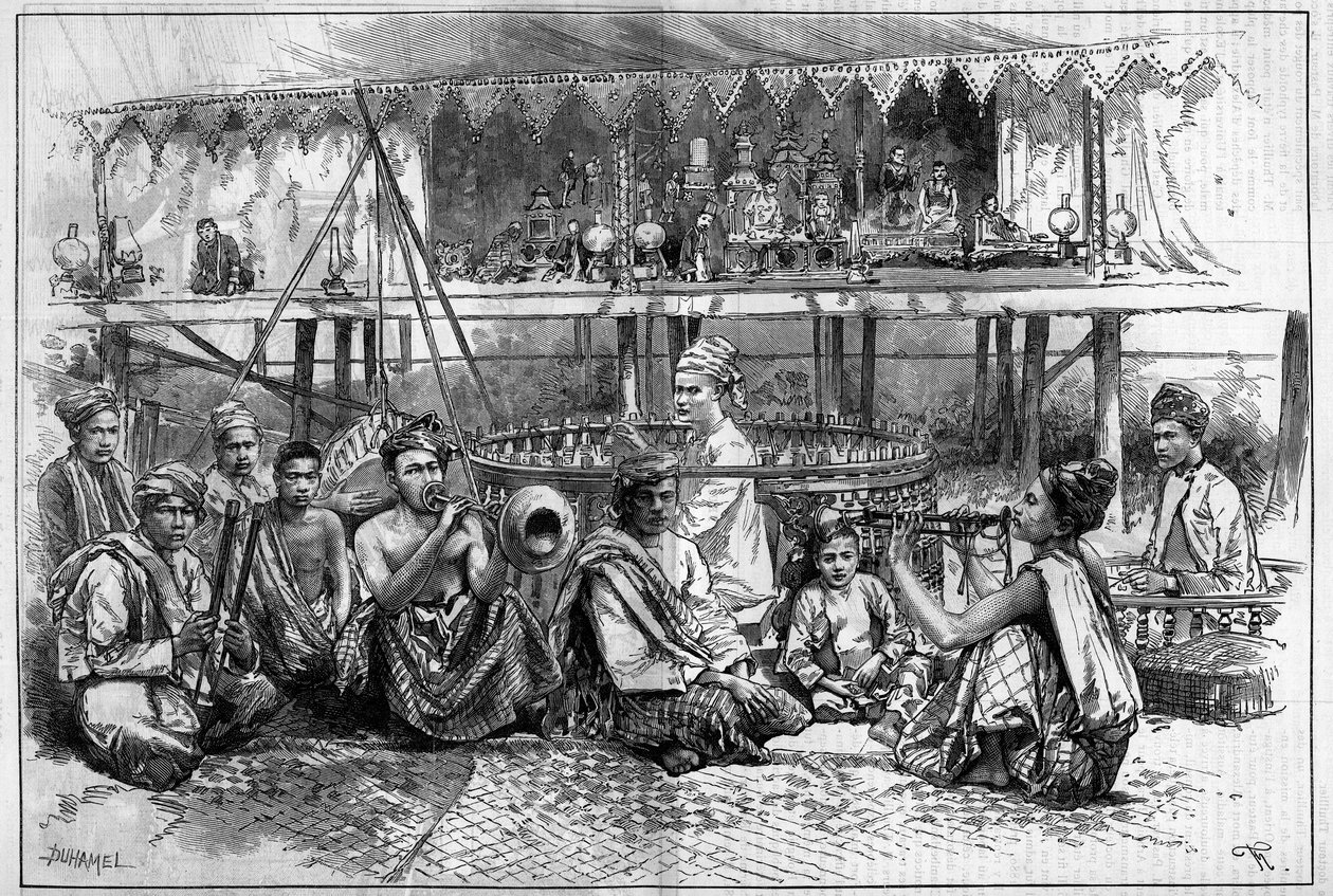 Puppet Theatre with Musicians in Burma. Engraving in 