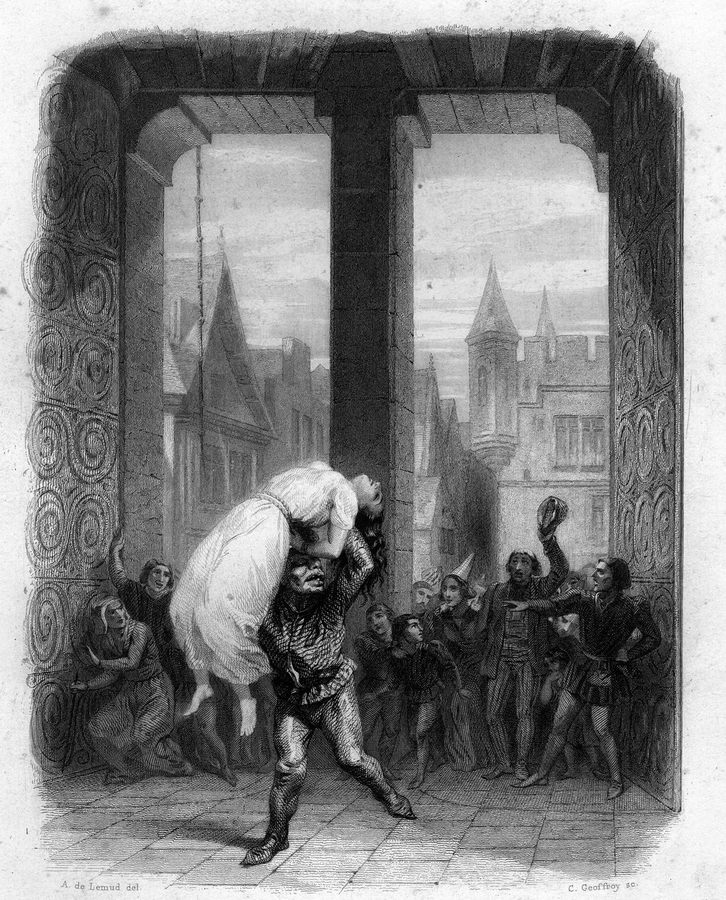 Quasimodo saving Esmeralda. Illustration of 1844 Notre Dame de